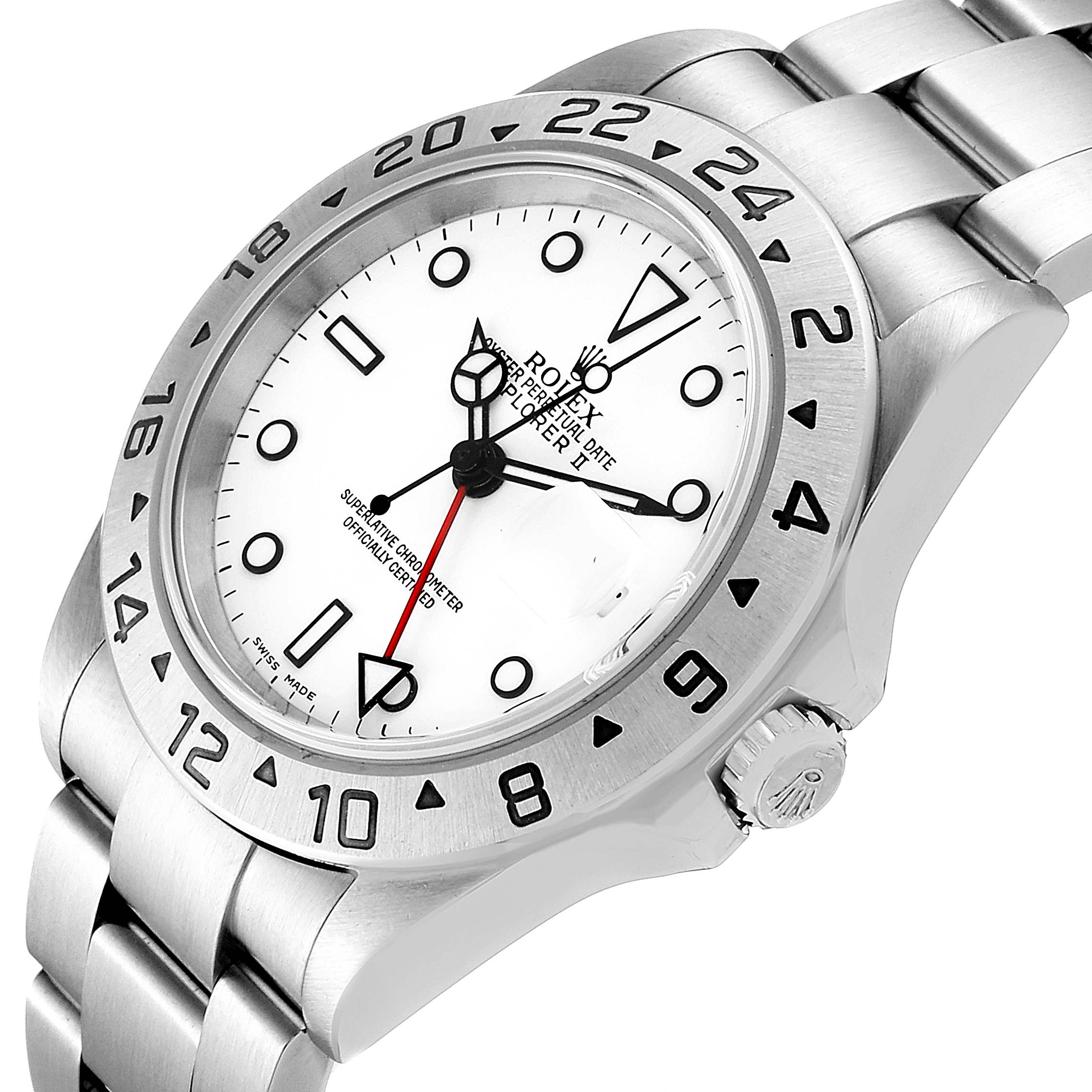 The image shows a Rolex Explorer 16570 Men
s Stainless Steel White Dial 16570 Men
s Stainless Steel White Dial watch angled to display the face, bezel, crown, and part of the bracelet.