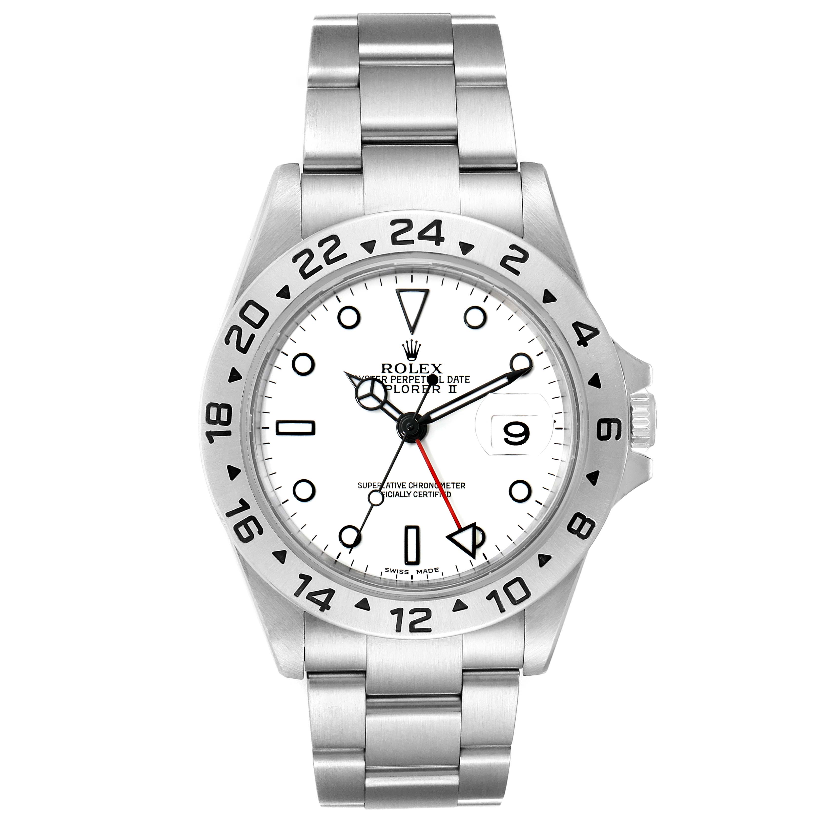 The Rolex Explorer 16570 Men
s Stainless Steel White Dial 16570 Men
s Stainless Steel White Dial watch is shown from the front, displaying the face, bezel, and bracelet.