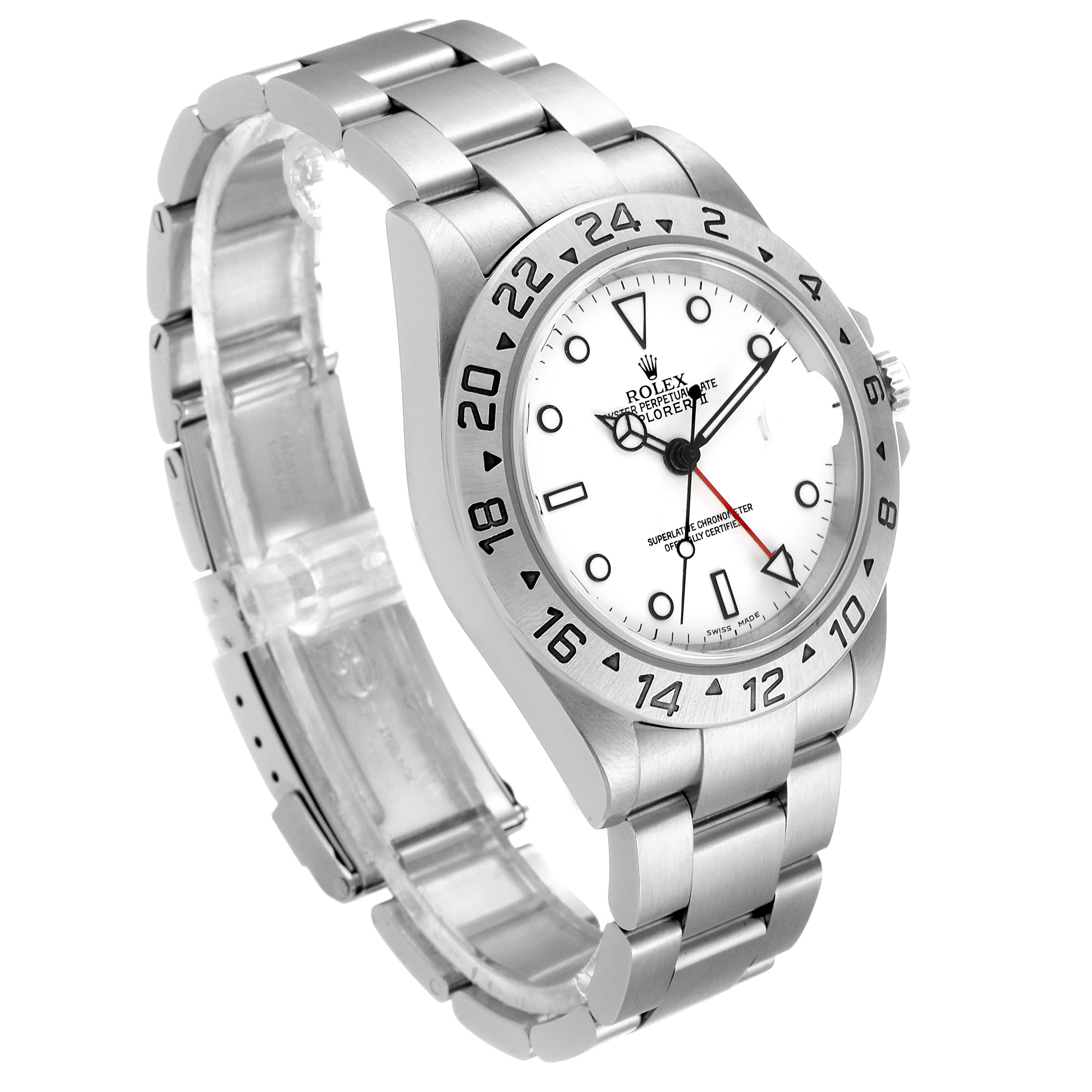 The image shows a Rolex Explorer 16570 Men
s Stainless Steel White Dial 16570 Men
s Stainless Steel White Dial watch from a three-quarter angle, highlighting the dial, bezel, and bracelet.