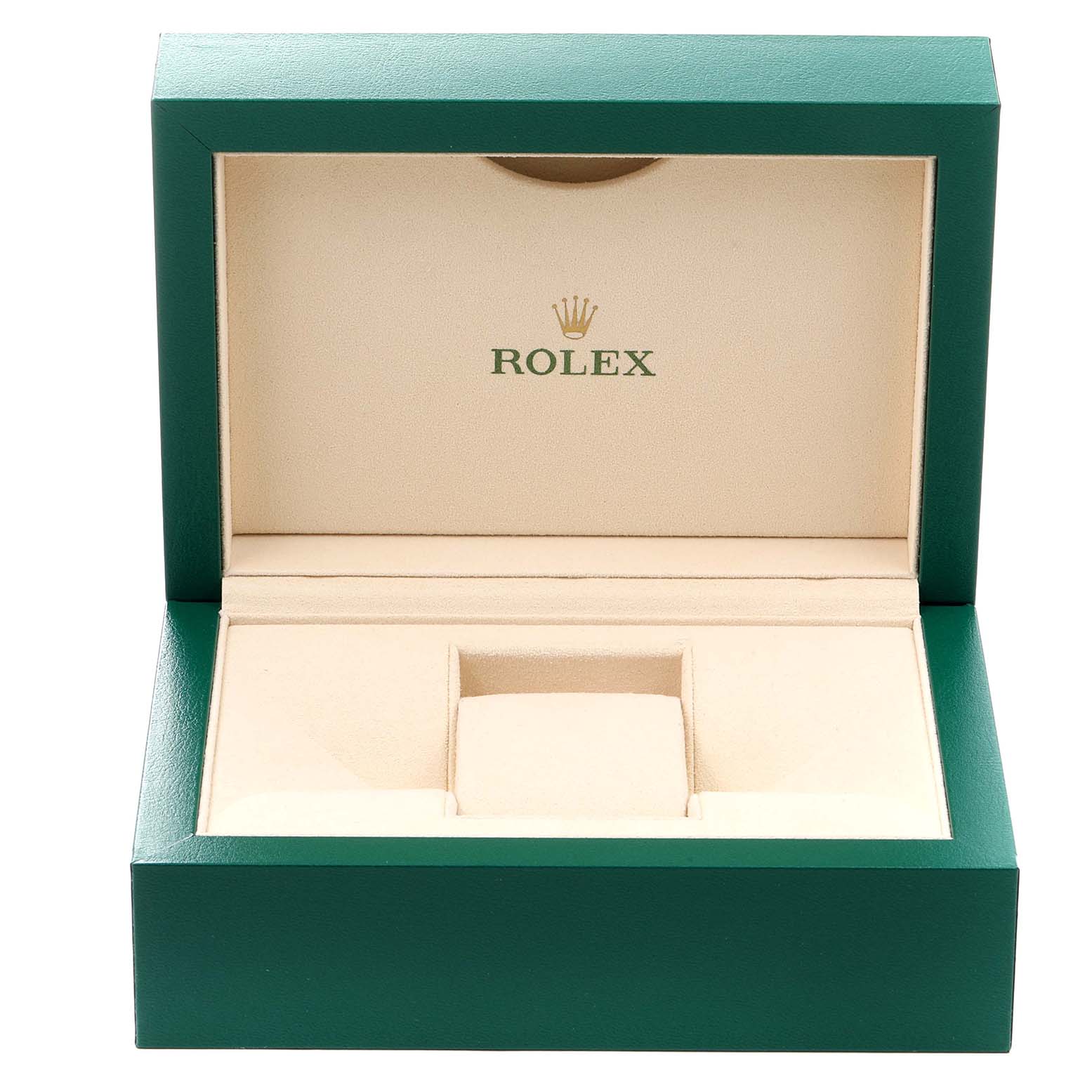 This image shows an open green watch box for the Rolex Explorer 16570 Men
s Stainless Steel White Dial 16570 Men
s Stainless Steel White Dial model, displaying the interior cushion and logo.