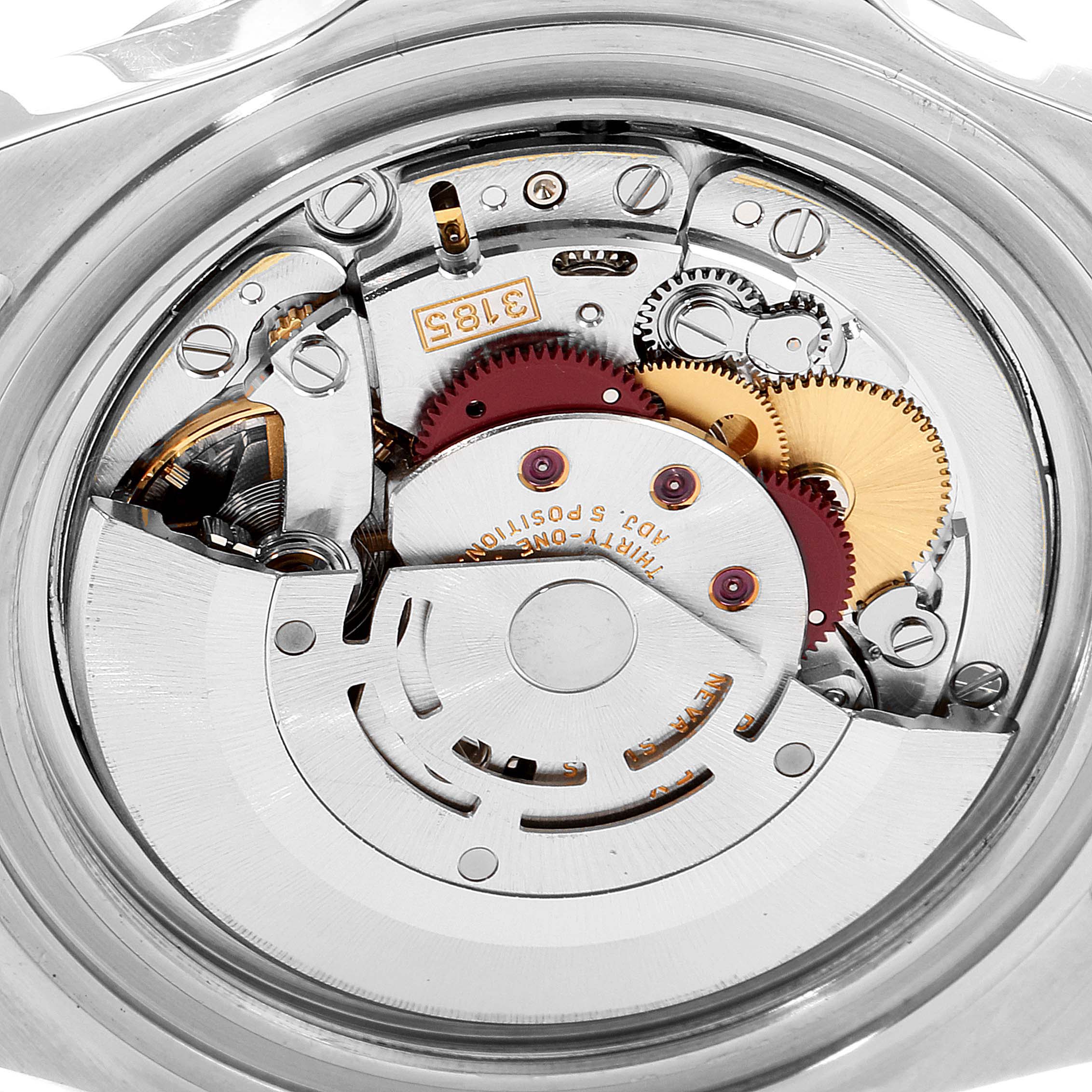 This image showcases the internal movement mechanism of a Rolex Explorer 16570 Men
s Stainless Steel White Dial 16570 Men
s Stainless Steel White Dial watch from a back view with its gears and cogs visible.