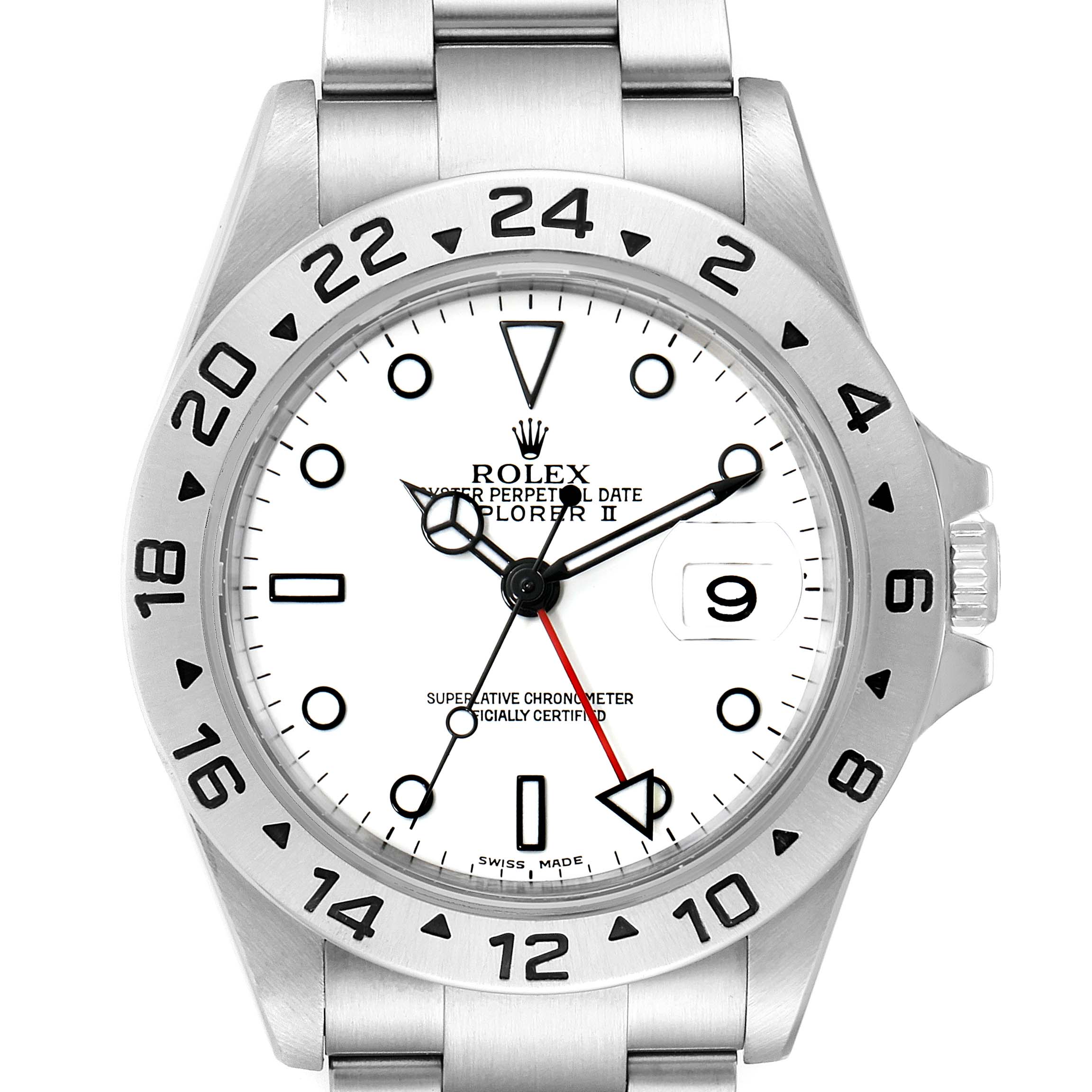 This image shows a front view of the Rolex Explorer 16570 Men
s Stainless Steel White Dial 16570 Men
s Stainless Steel White Dial watch, featuring its dial, hands, bezel, and part of the bracelet.