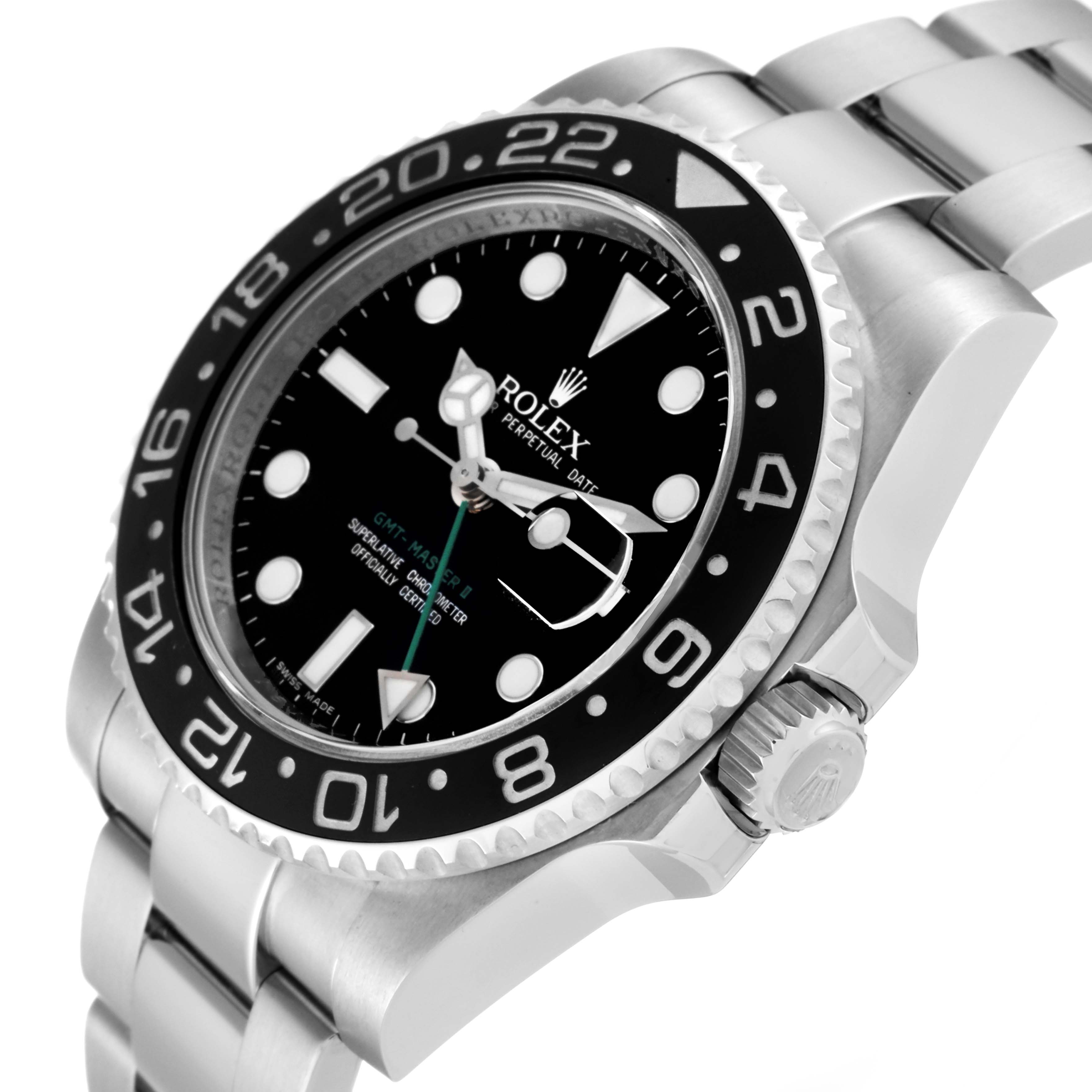 The image shows a Rolex GMT-Master 116710 Men's Stainless Steel Black Dial 116710 Men's Stainless Steel Black Dial watch taken from an angled close-up, highlighting the dial, bezel, and part of the bracelet.