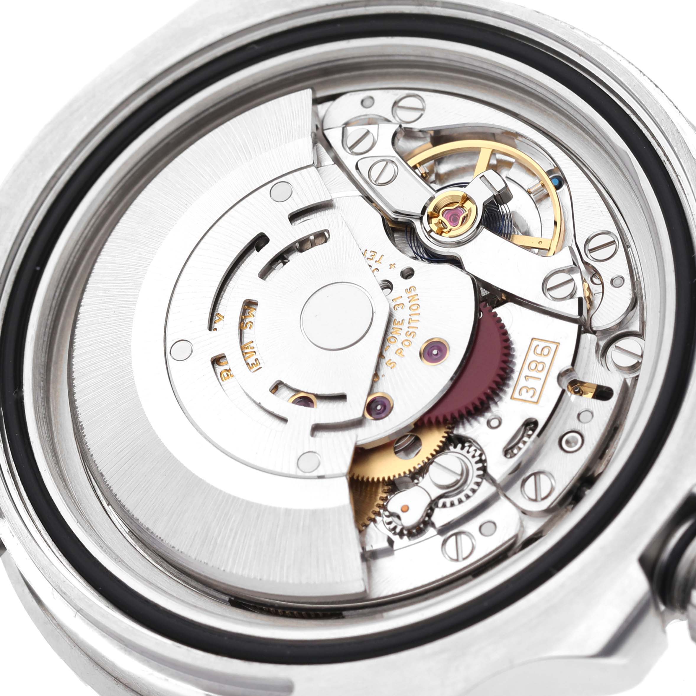 This image shows the internal movement mechanism of a Rolex GMT-Master 116710 Men's Stainless Steel Black Dial 116710 Men's Stainless Steel Black Dial watch, viewed from the back with the case opened.
