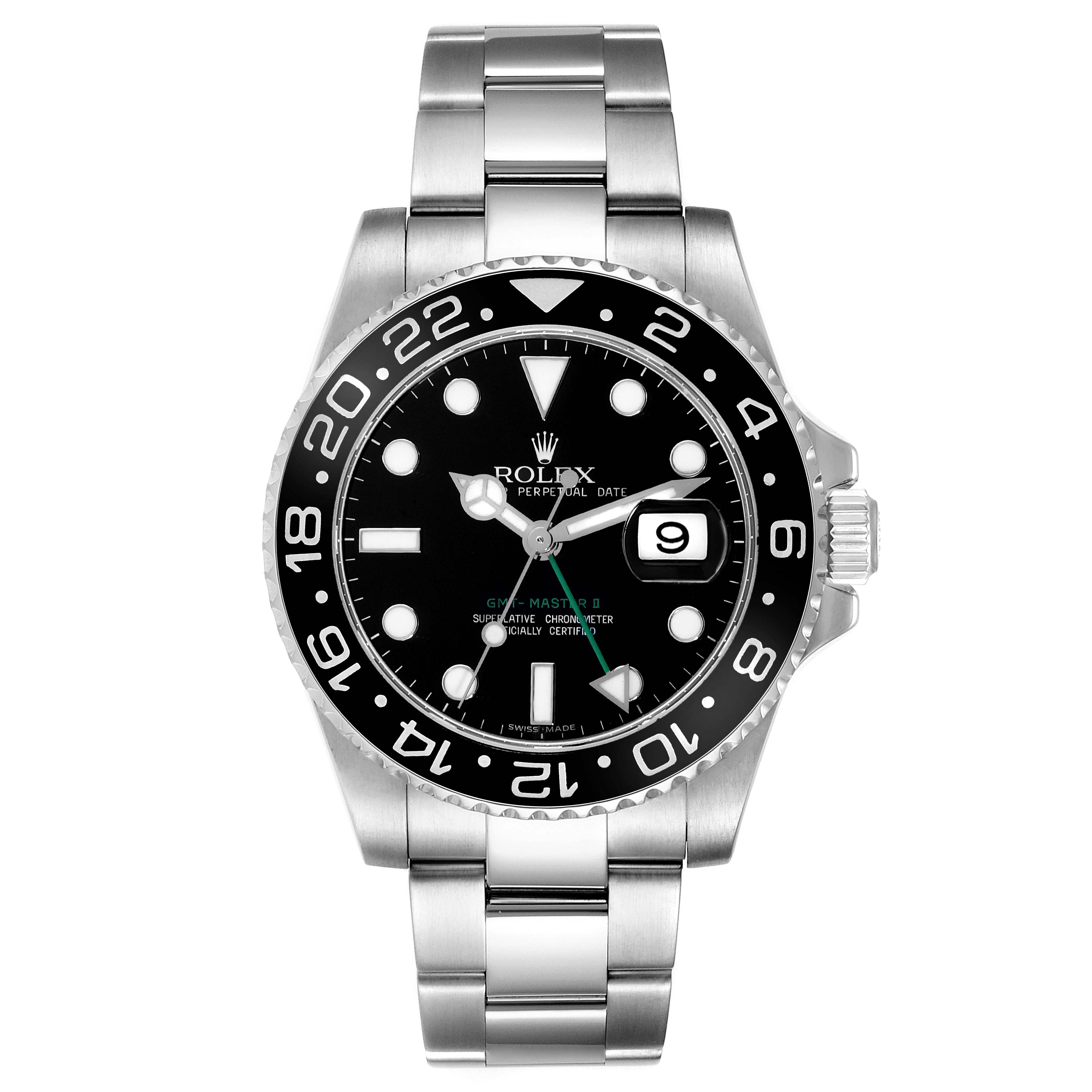 The image shows a front view of a Rolex GMT-Master 116710 Men's Stainless Steel Black Dial 116710 Men's Stainless Steel Black Dial watch, displaying its dial, bezel, bracelet, and crown.