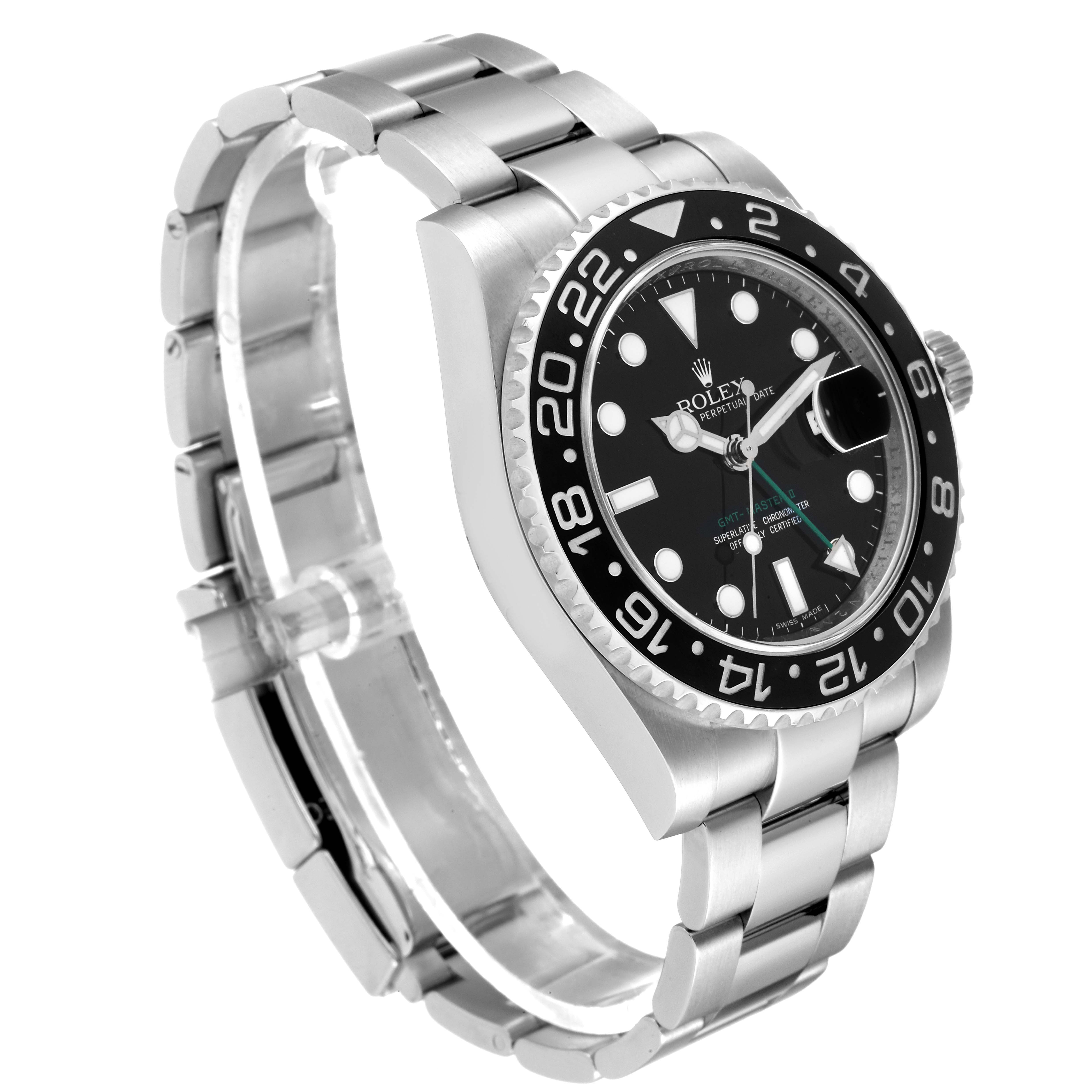 The image shows a side view of a Rolex GMT-Master 116710 Men's Stainless Steel Black Dial 116710 Men's Stainless Steel Black Dial watch highlighting its face, bezel, and bracelet.