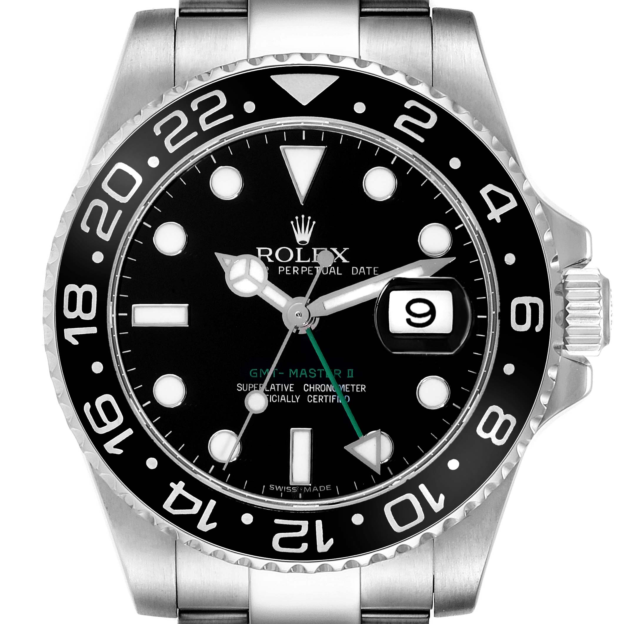The image shows a frontal view of a Rolex GMT-Master 116710 Men's Stainless Steel Black Dial 116710 Men's Stainless Steel Black Dial II watch, highlighting the face, bezel, and part of the bracelet.