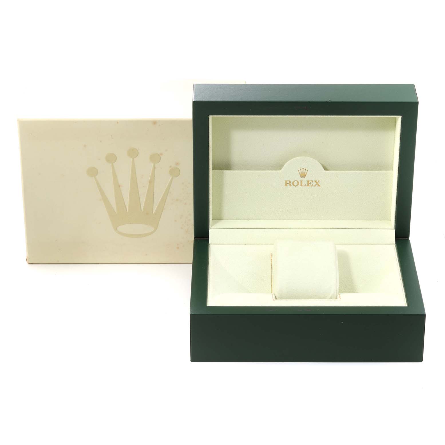 The image shows an open and empty Rolex GMT-Master 116710 Men's Stainless Steel Black Dial 116710 Men's Stainless Steel Black Dial watch box and its outer packaging at a frontal angle.