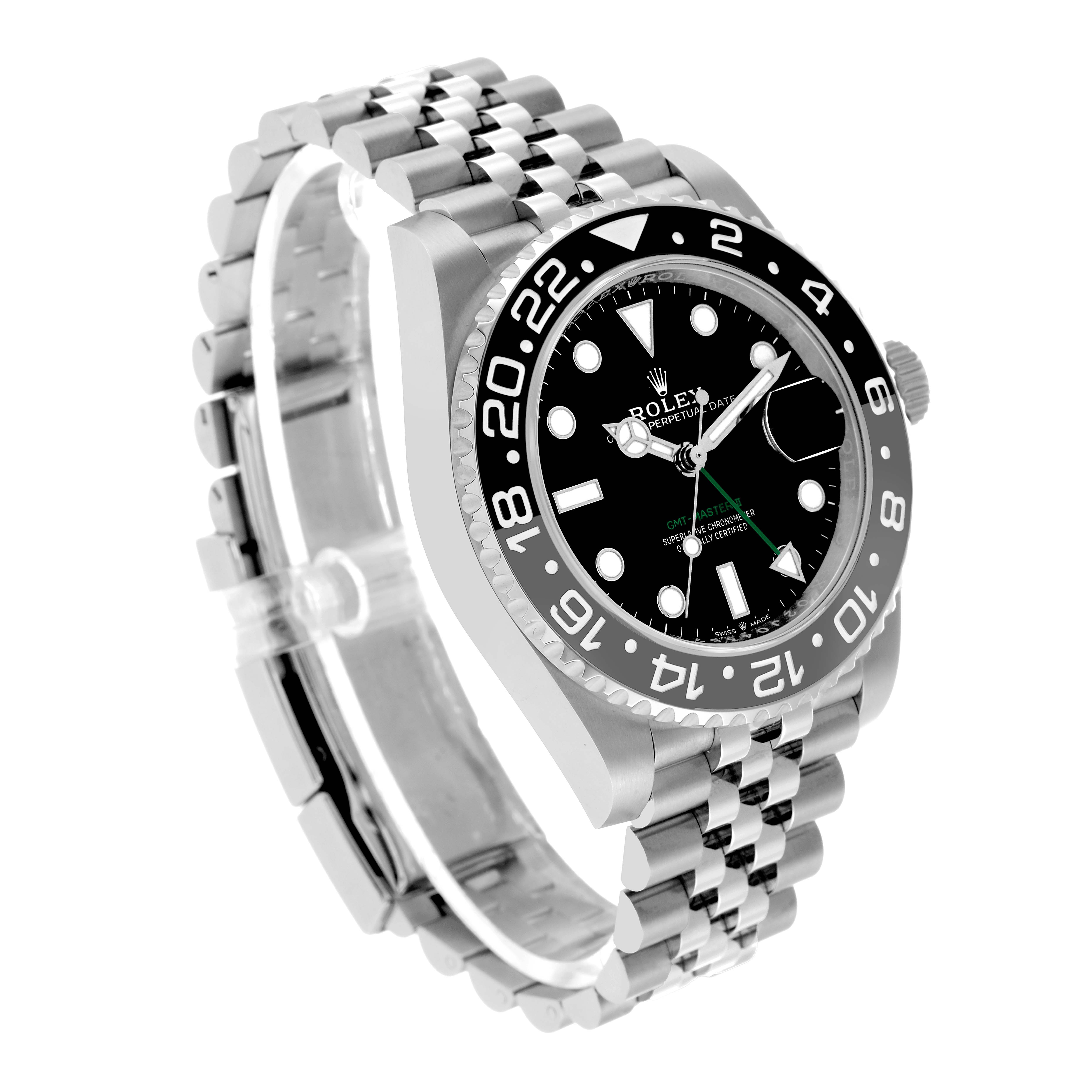 The Rolex GMT-Master 126710 Men's Stainless Steel Black Dial is shown at a three-quarter angle, highlighting the bezel, dial, and Jubilee bracelet.