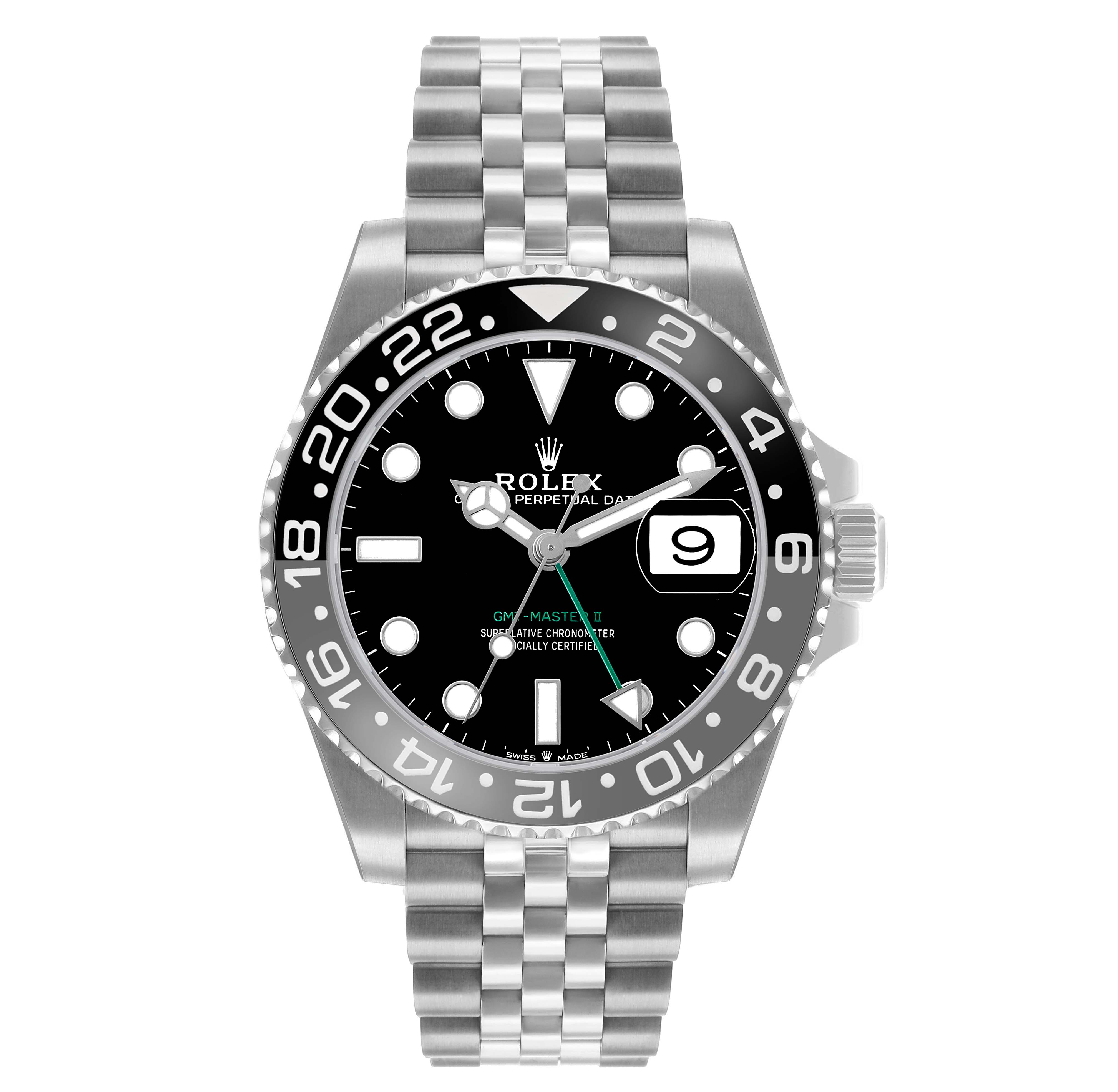 The image shows a front view of a Rolex GMT-Master 126710 Men's Stainless Steel Black Dial watch, highlighting the bezel, dial, bracelet, and date window.