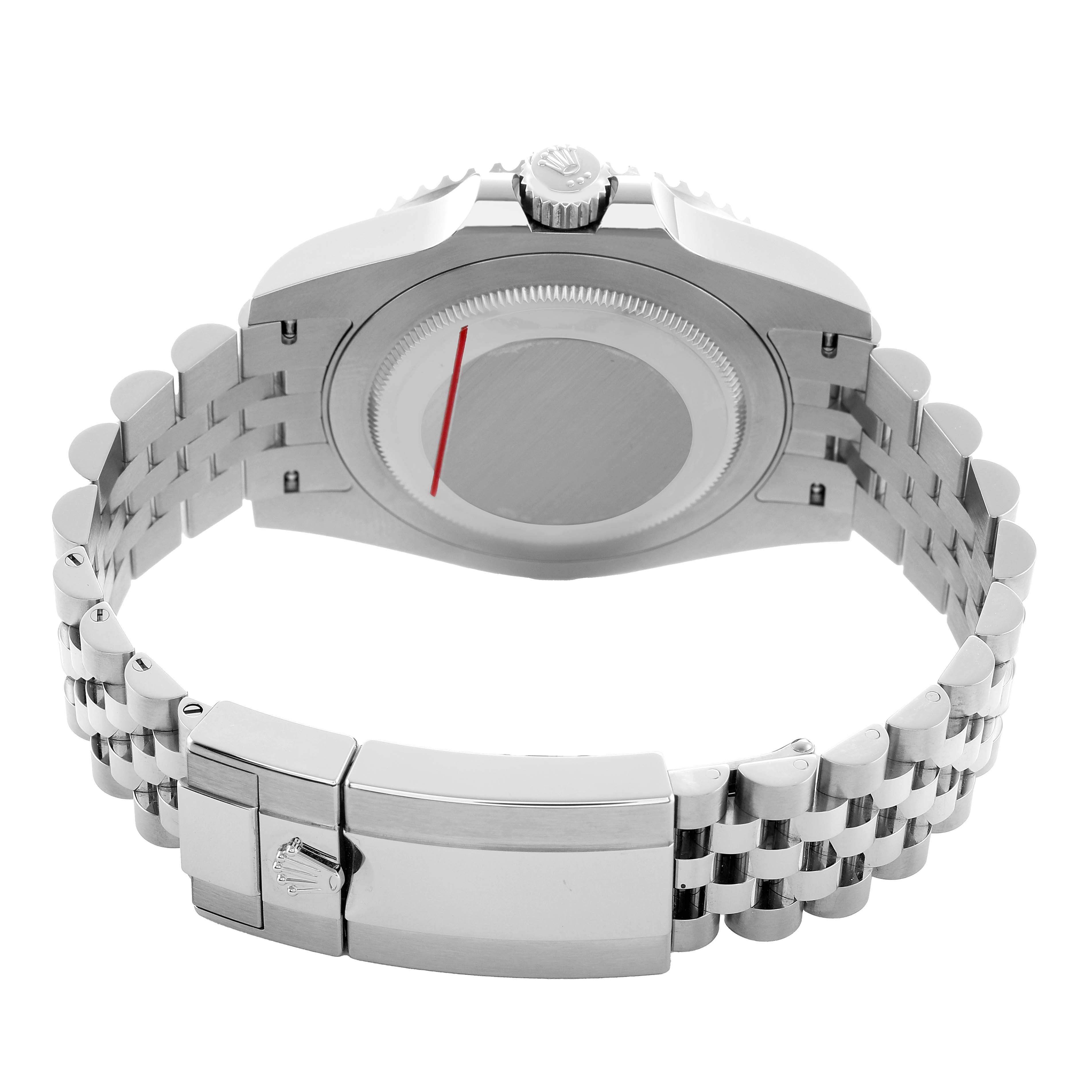 The image shows the back and clasp of a Rolex GMT-Master 126710 Men's Stainless Steel Black Dial, highlighting the case back, crown, and bracelet.