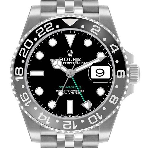 The image shows a front view of the Rolex GMT-Master 126710 Men's Stainless Steel Black Dial II, highlighting the bezel, dial, and bracelet.