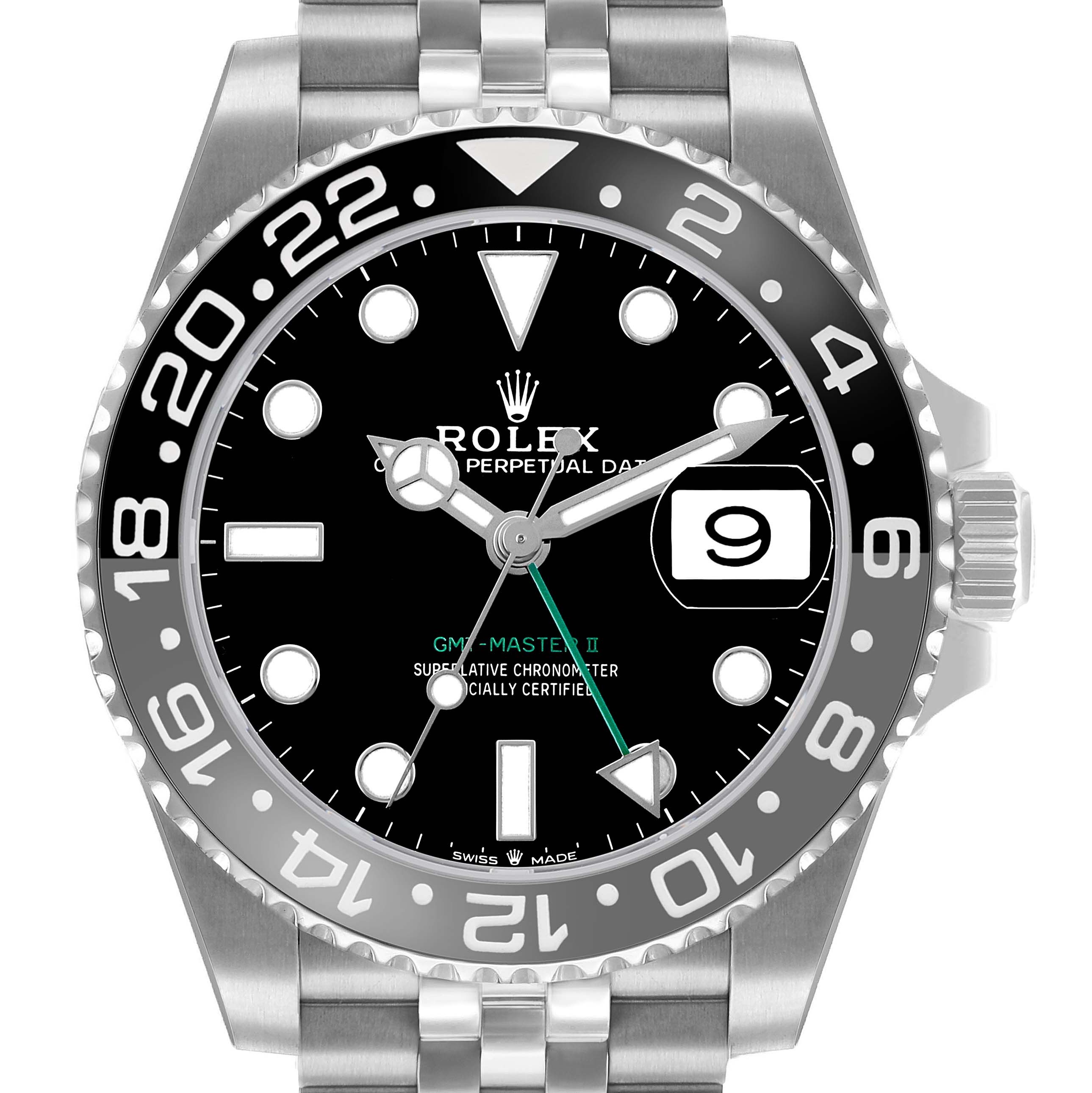 The Rolex GMT-Master 126710 Men's Stainless Steel Black Dial watch is shown from the front, displaying the dial, hands, bezel, and part of the bracelet.