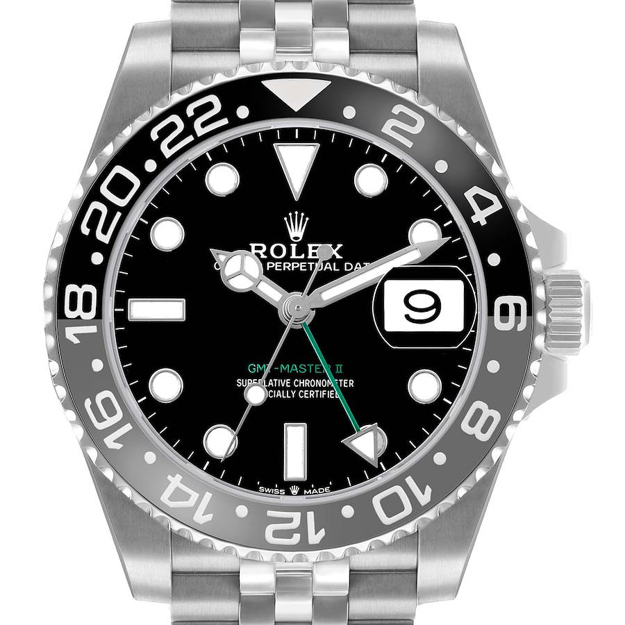 The Rolex GMT-Master 126710 Men's Stainless Steel Black Dial watch is shown from the front, displaying the dial, hands, bezel, and part of the bracelet.