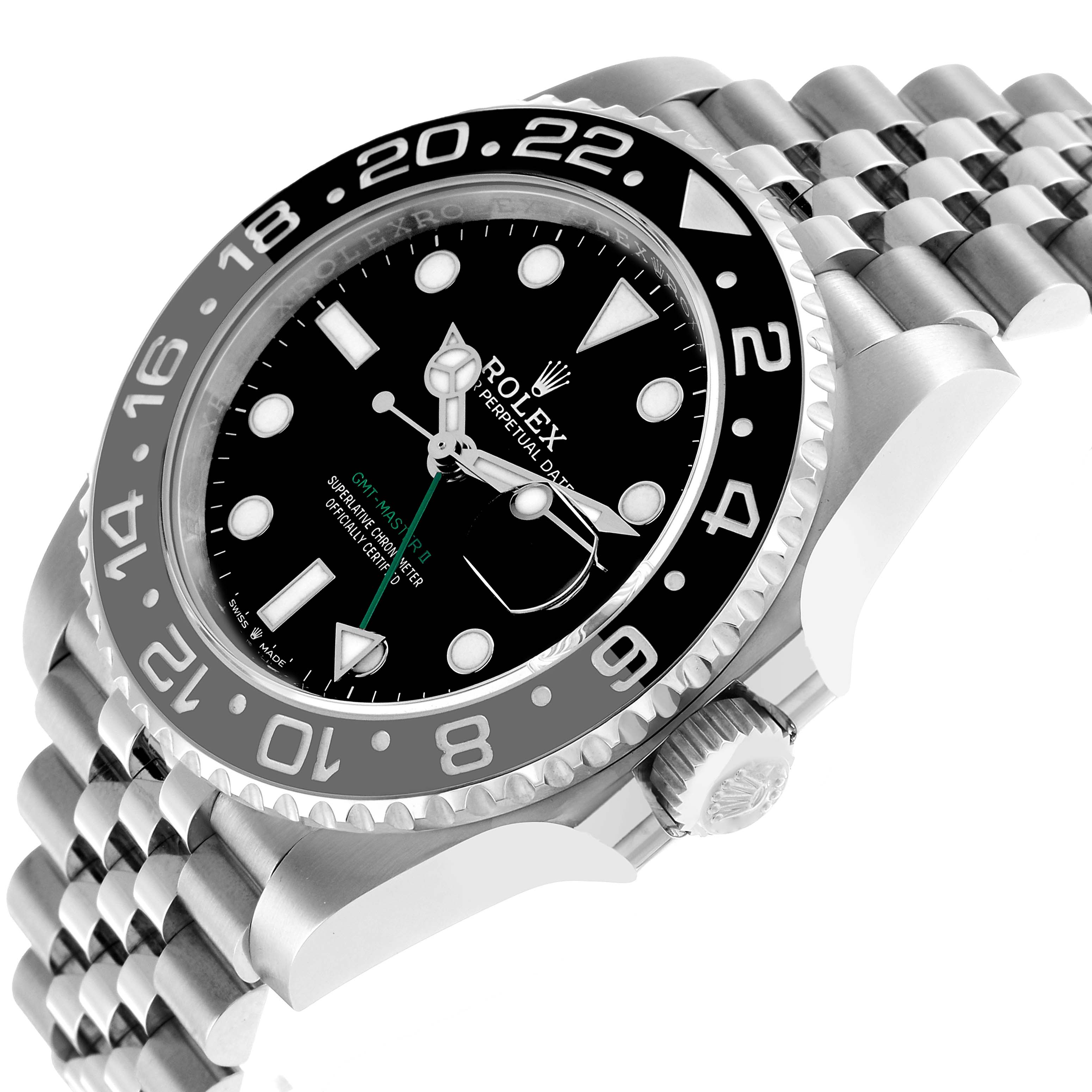The Rolex GMT-Master 126710 Men's Stainless Steel Black Dial watch is shown at a three-quarter angle, highlighting the bezel, crown, face, and bracelet.