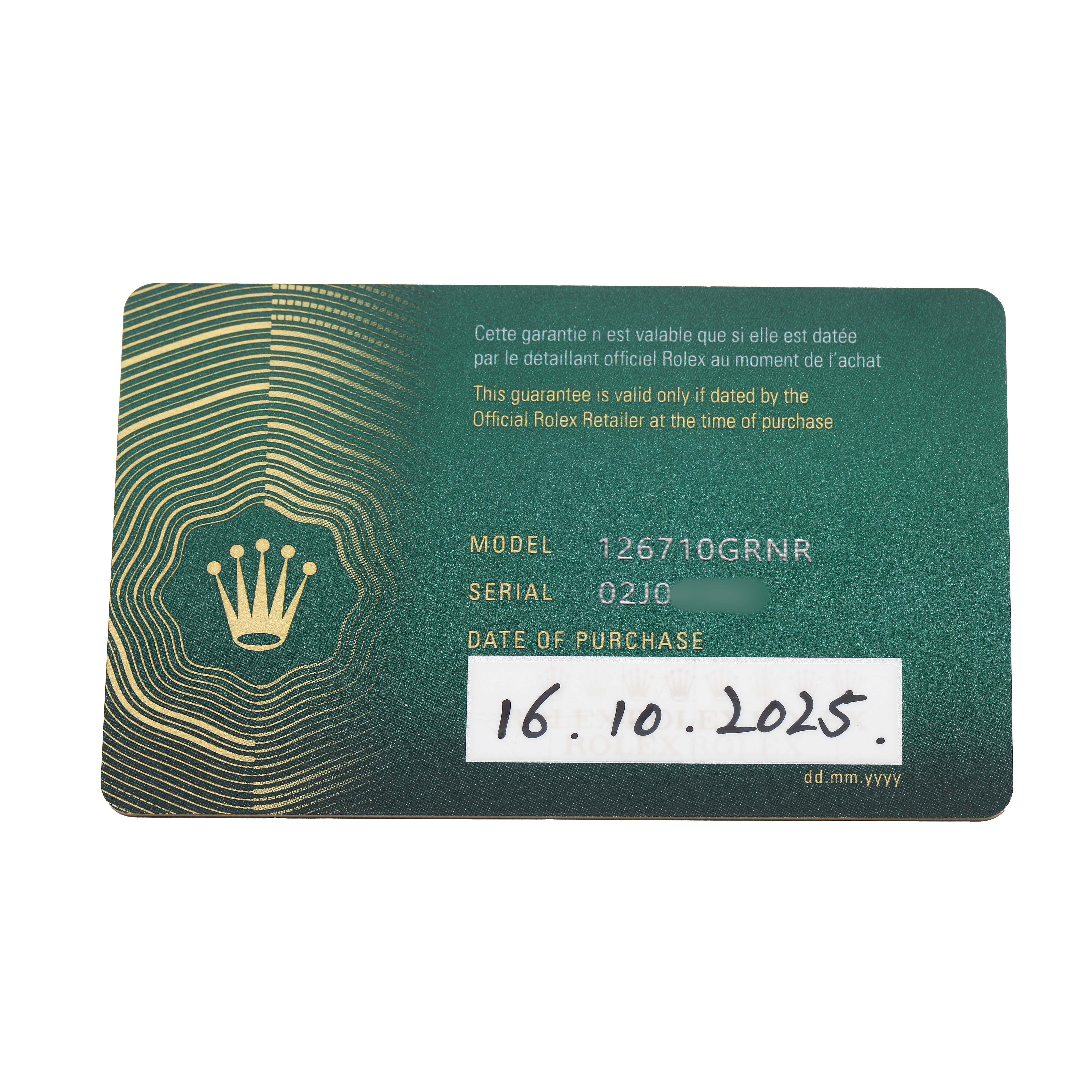 The image shows a warranty card for the Rolex GMT-Master 126710 Men's Stainless Steel Black Dial model, displaying model and serial numbers with the purchase date.