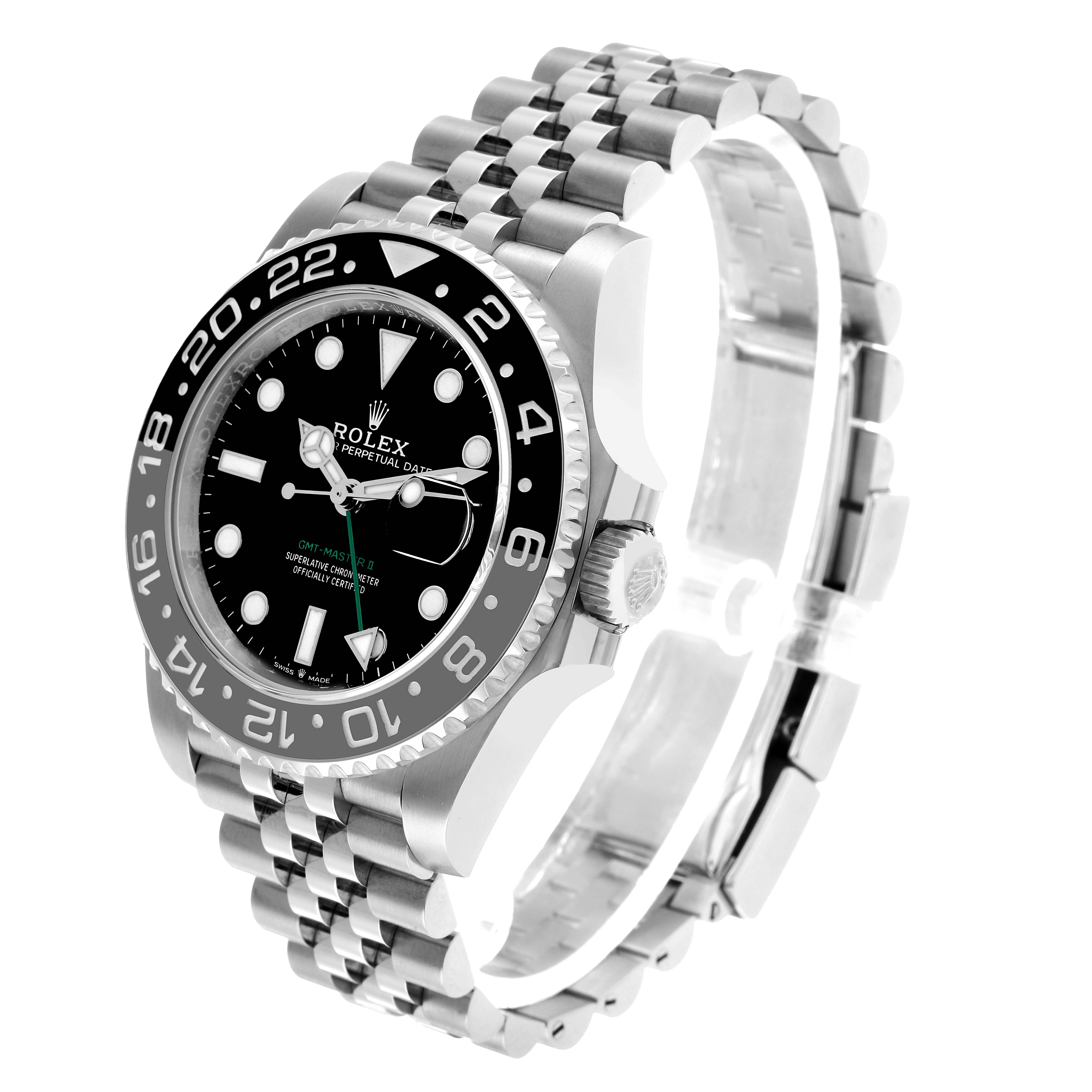 The Rolex GMT-Master 126710 Men's Stainless Steel Black Dial watch is shown at a three-quarter angle, highlighting its face, bezel, and bracelet.
