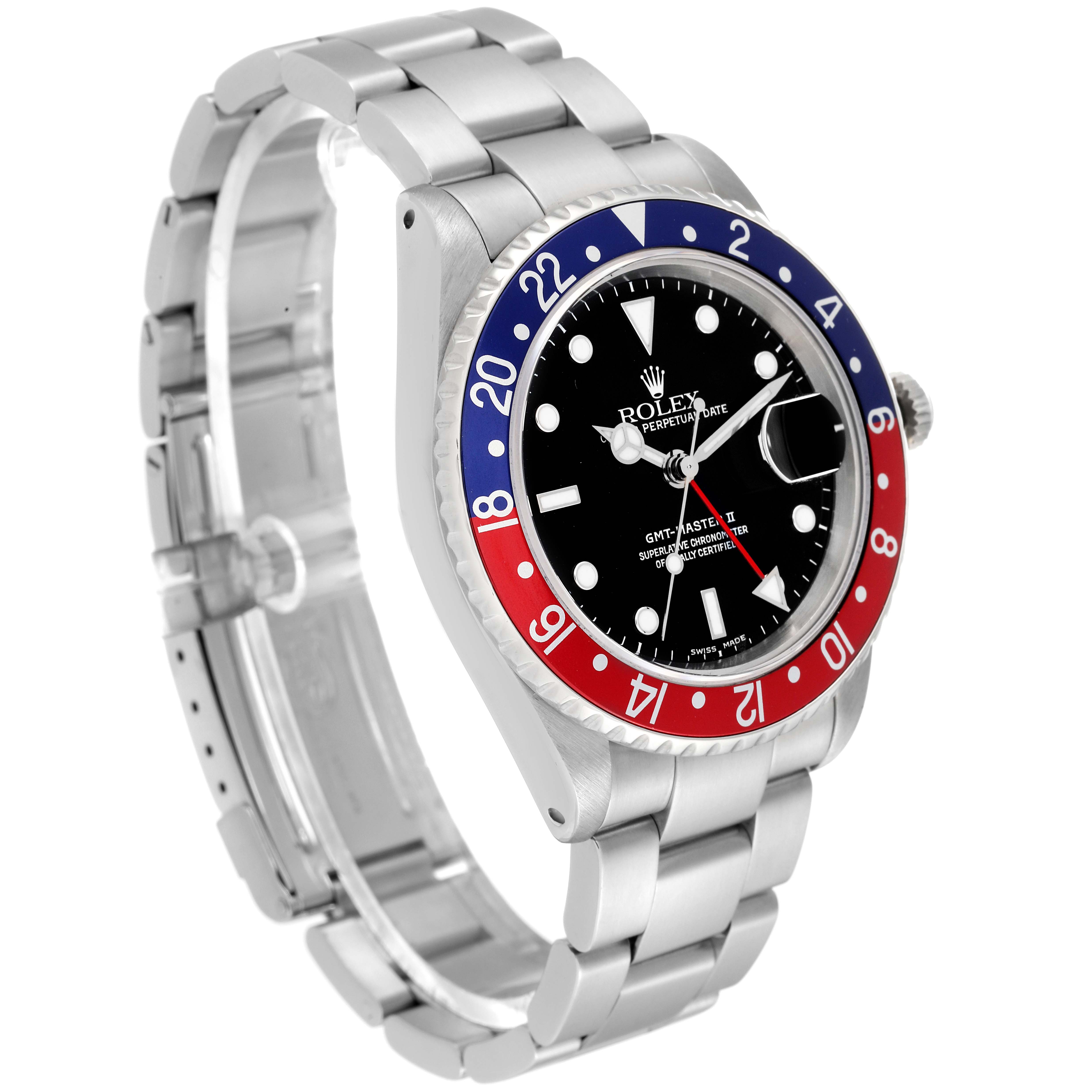 This image shows a Rolex GMT-Master 16710 Men's Stainless Steel Silver Dial 16710 Men's Stainless Steel Silver Dial watch at a three-quarter angle, highlighting its bezel, dial, and bracelet.