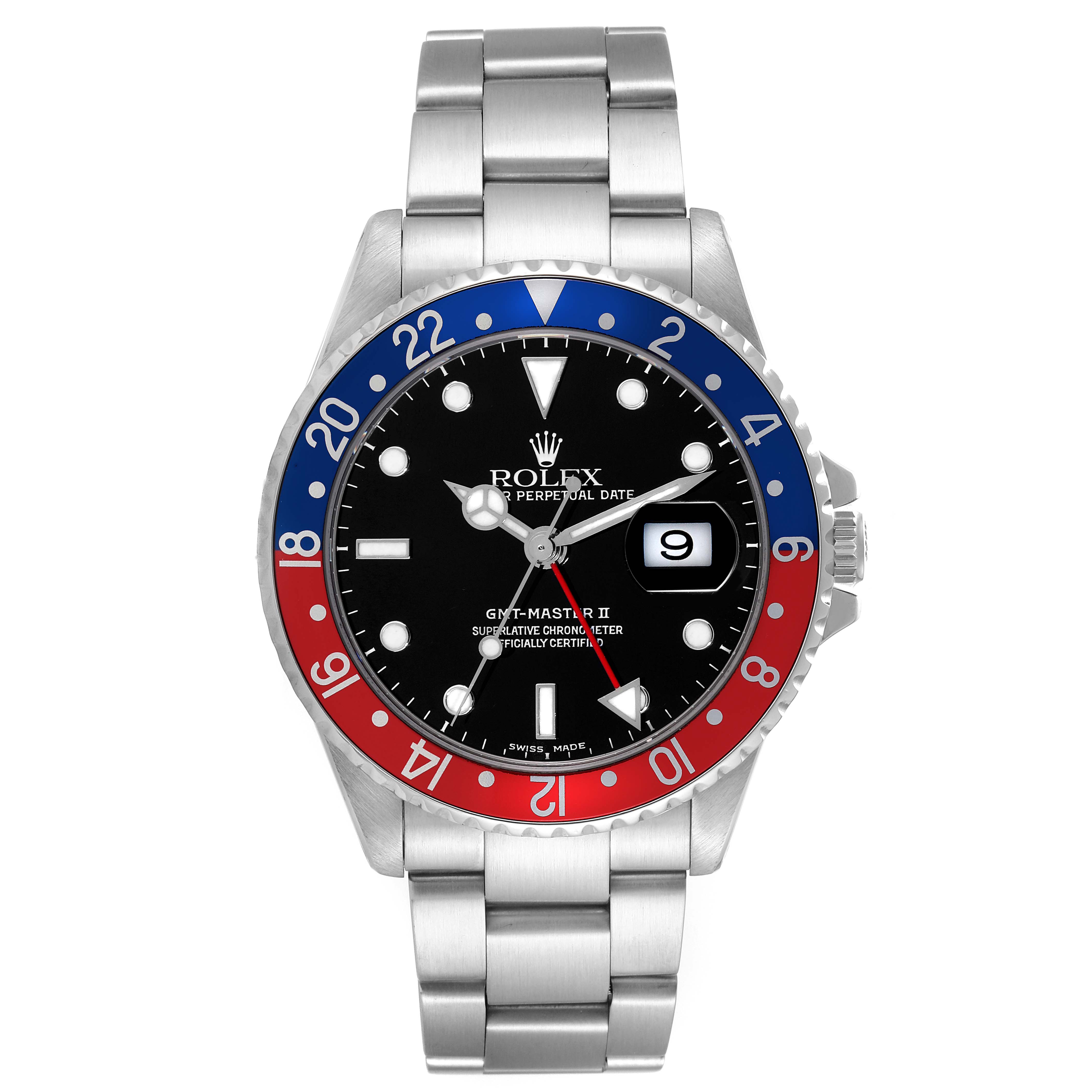 This image shows the face and bracelet of a Rolex GMT-Master 16710 Men's Stainless Steel Silver Dial 16710 Men's Stainless Steel Silver Dial II watch, with a red and blue bezel.