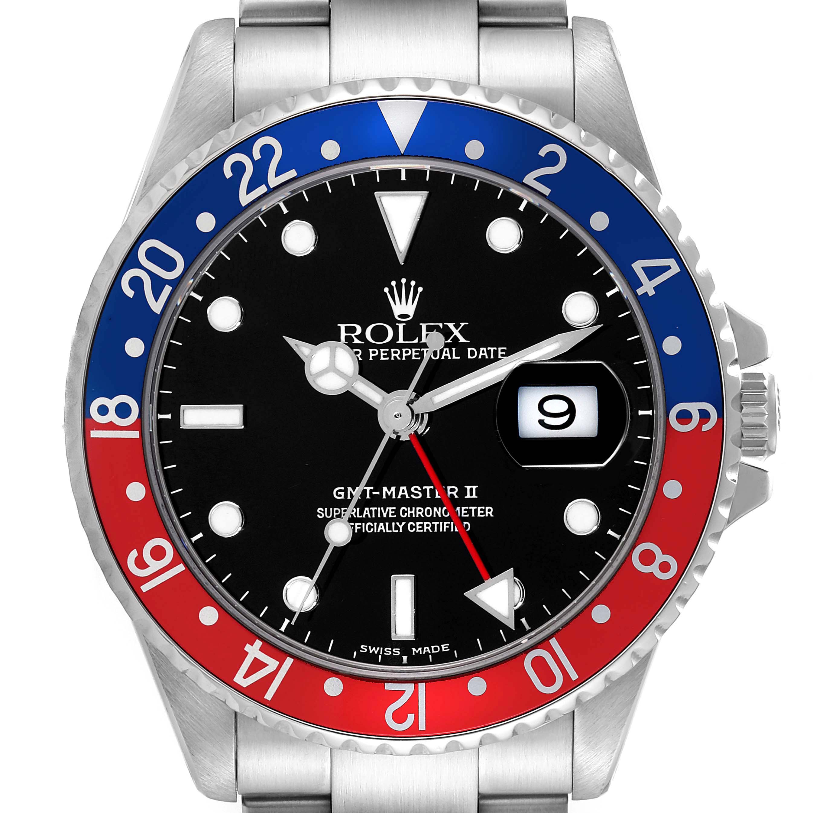 This image shows a front view of a Rolex GMT-Master 16710 Men's Stainless Steel Silver Dial 16710 Men's Stainless Steel Silver Dial II watch with a black dial and a red and blue bezel.