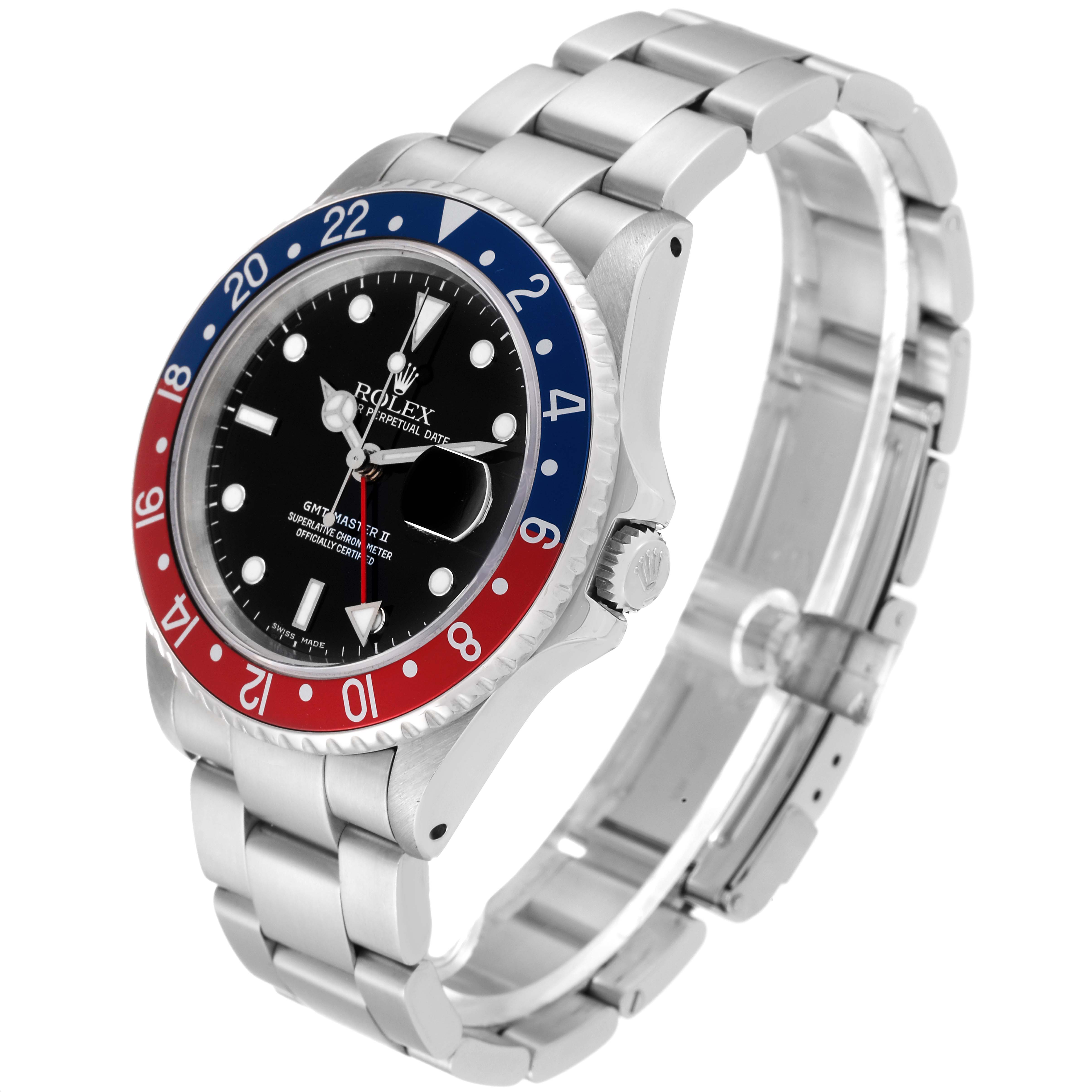 The image shows a Rolex GMT-Master 16710 Men's Stainless Steel Silver Dial 16710 Men's Stainless Steel Silver Dial II watch at an angled side view, displaying its bezel, dial, crown, and bracelet.