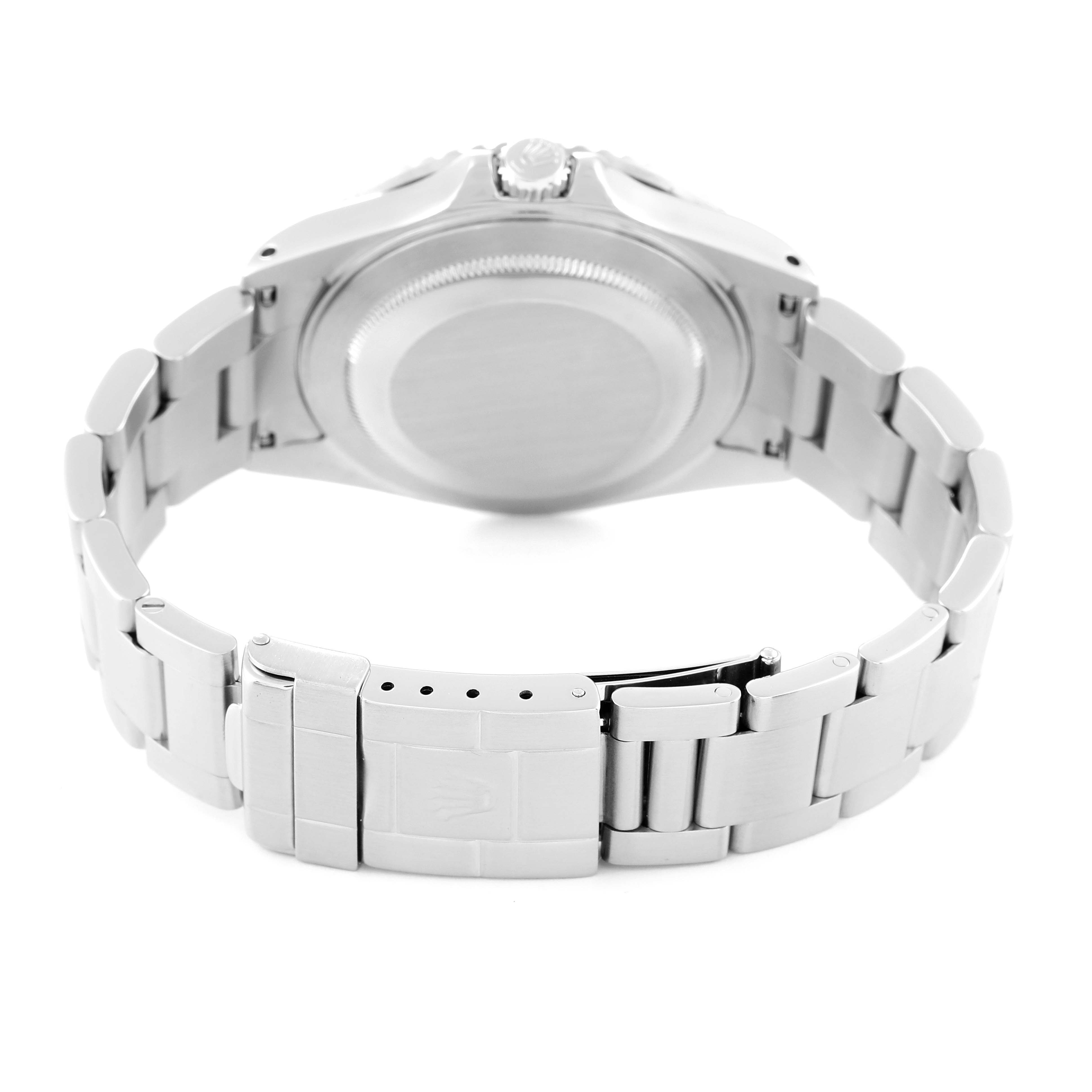 The image shows the back view of the Rolex GMT-Master 16710 Men's Stainless Steel Silver Dial 16710 Men's Stainless Steel Silver Dial watch, including the case back, crown, and bracelet with clasp.