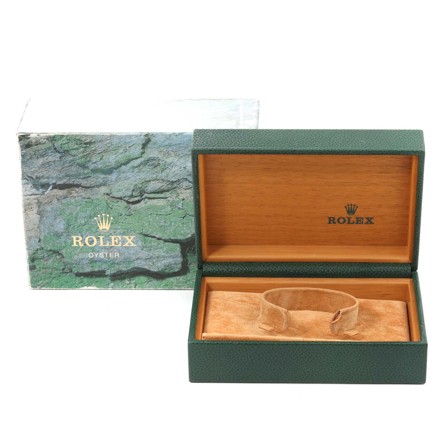 This image shows an open Rolex GMT-Master 16710 Men's Stainless Steel Silver Dial 16710 Men's Stainless Steel Silver Dial watch box from a front angle, featuring "Rolex Oyster" branding.