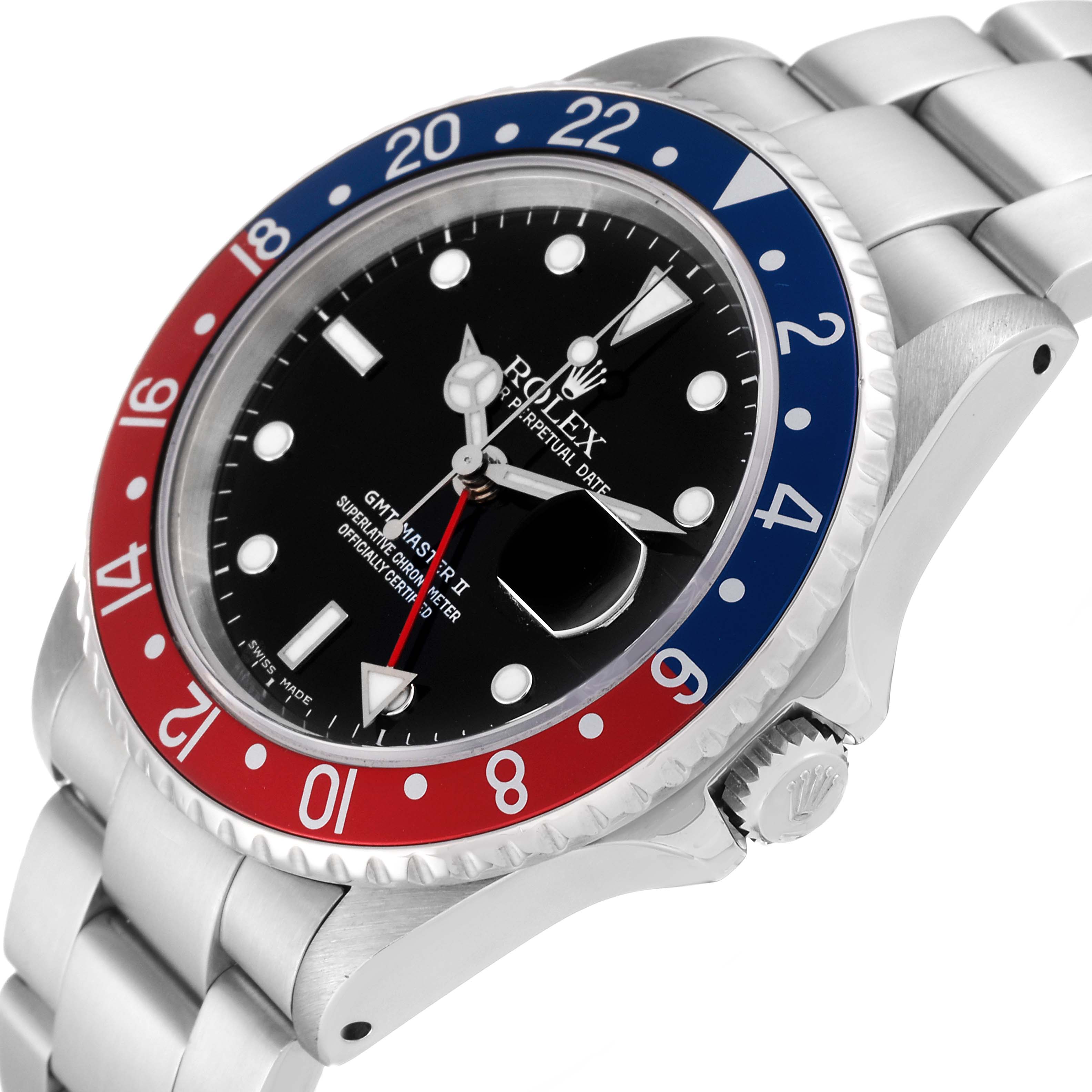 The image shows a side angle of the Rolex GMT-Master 16710 Men's Stainless Steel Silver Dial 16710 Men's Stainless Steel Silver Dial II, showcasing the bezel, dial, bracelet, and crown.