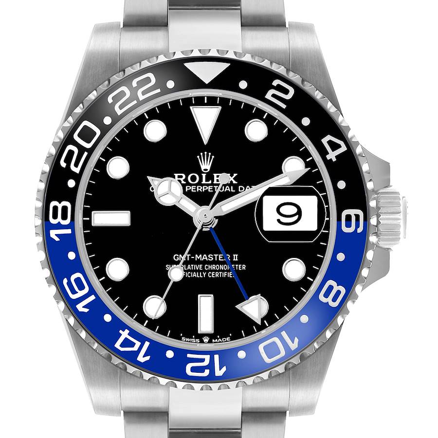 The Rolex GMT-Master 126710 Men's Stainless Steel Black Dial watch is shown from the front, displaying the bezel, dial, hands, and date window.