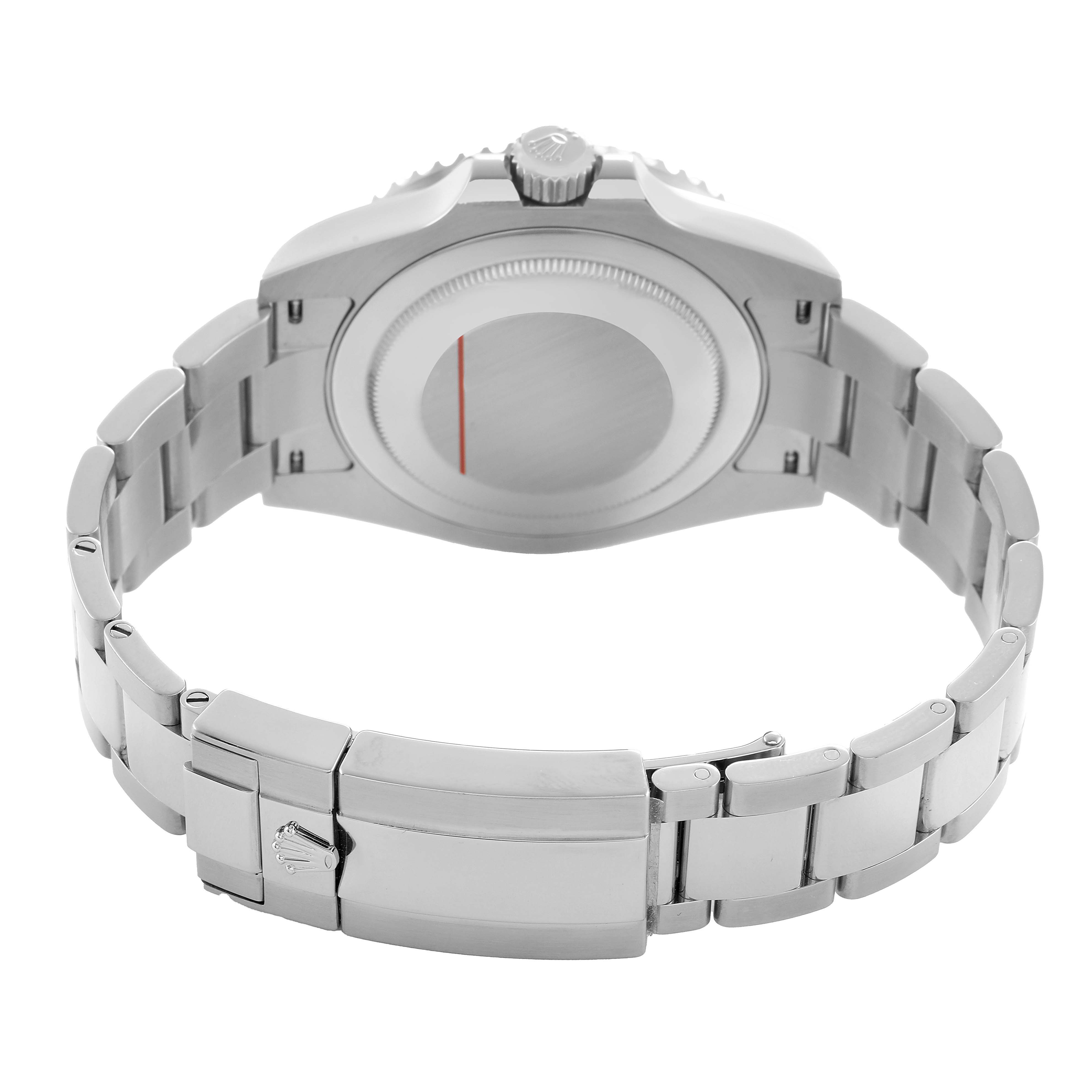 This image shows the back of a Rolex GMT-Master 126710 Men's Stainless Steel Black Dial watch, highlighting the case back, crown, and bracelet clasp.