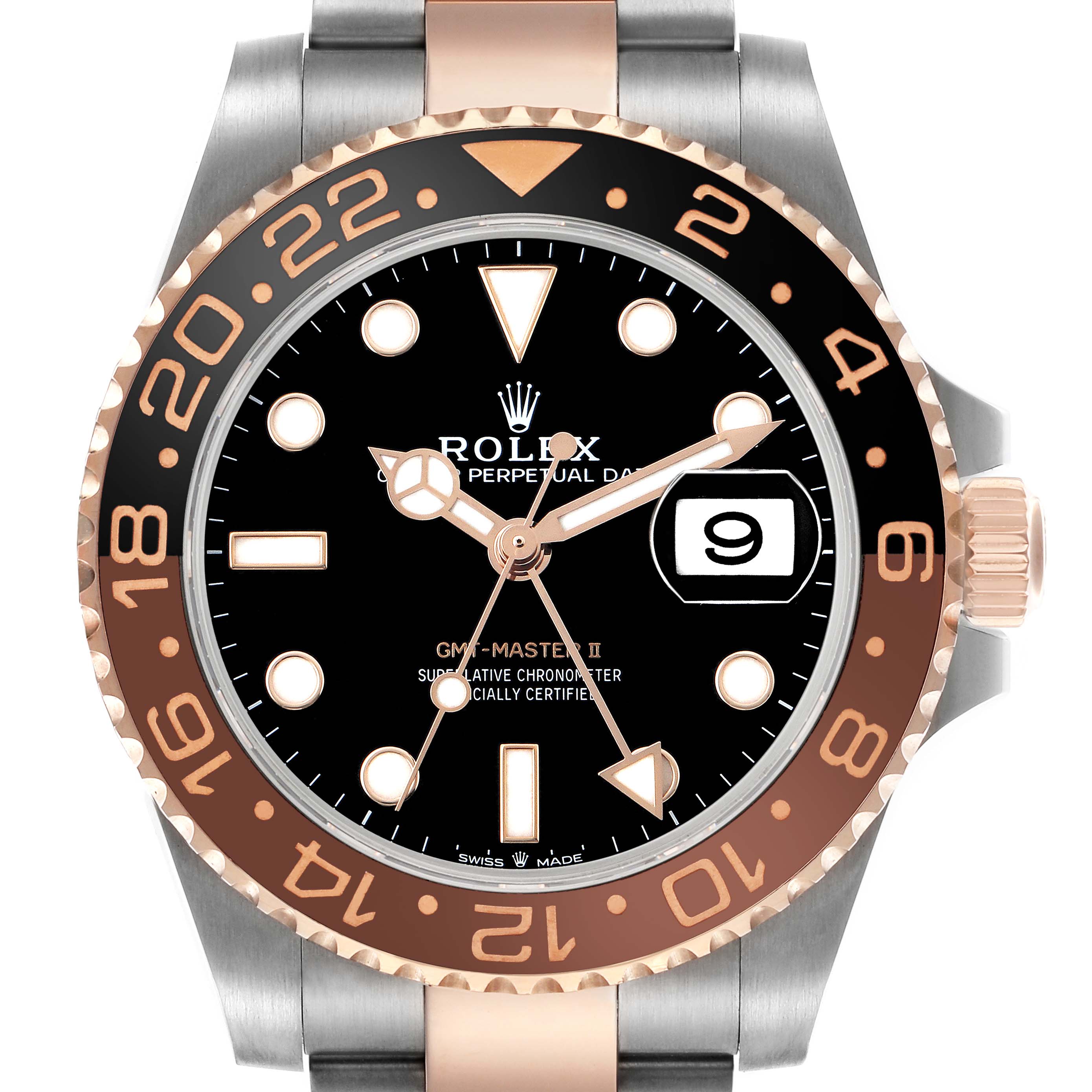 The image shows a front view of the Rolex GMT-Master 126711 Men's Steel and Gold (two tone) Black Dial II, highlighting the bezel, dial, hands, and cyclops date window.