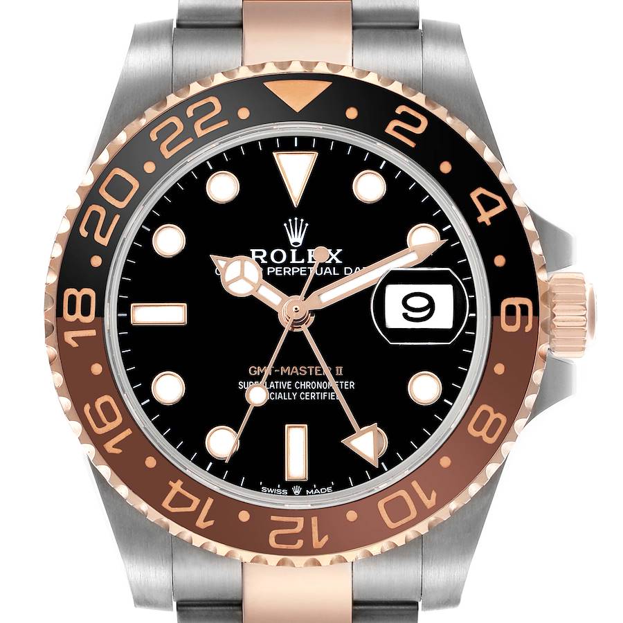 The image shows a front view of the Rolex GMT-Master 126711 Men's Steel and Gold (two tone) Black Dial II, highlighting the bezel, dial, hands, and cyclops date window.