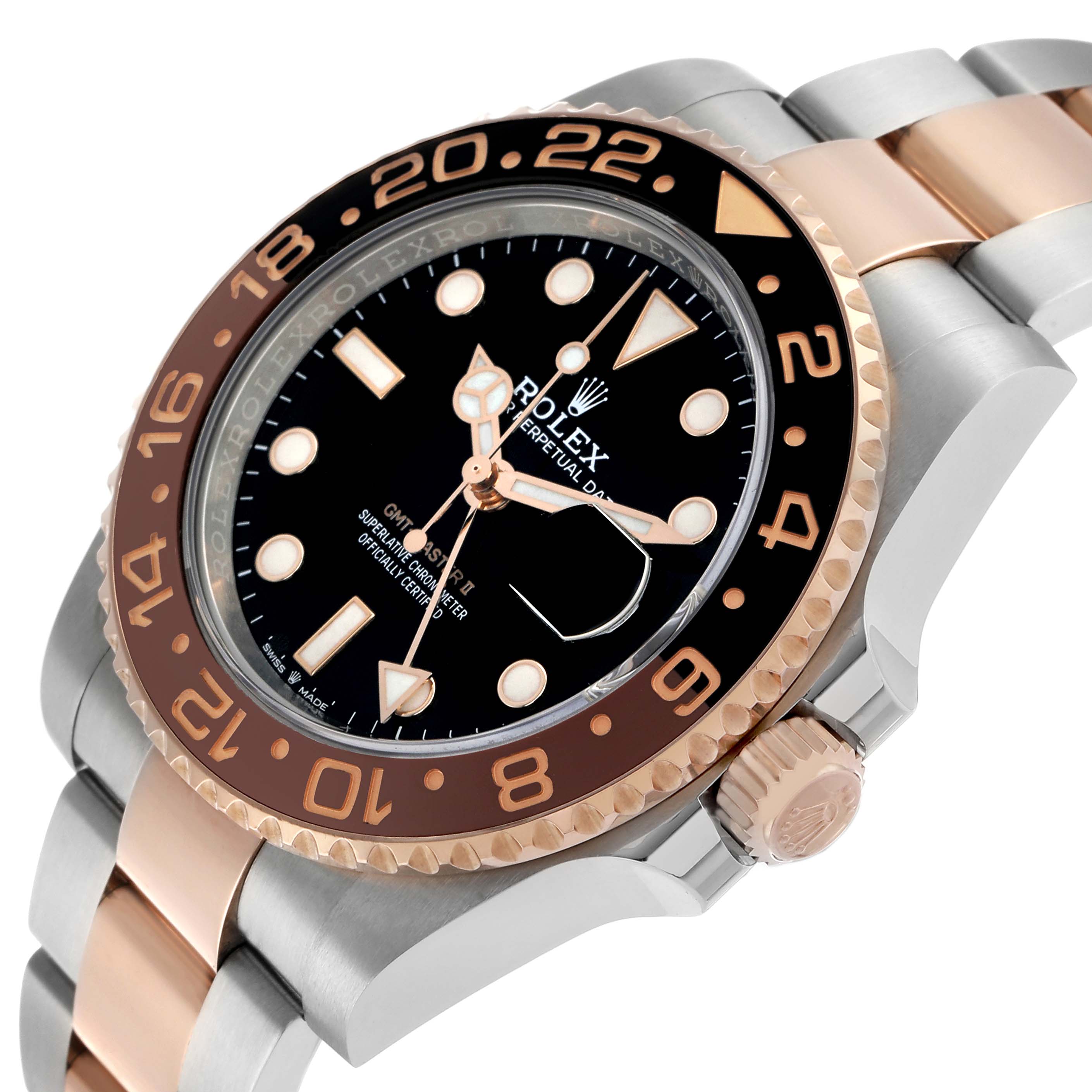 The Rolex GMT-Master 126711 Men's Steel and Gold (two tone) Black Dial watch is shown at an angled view, highlighting the bezel, crown, and bracelet.