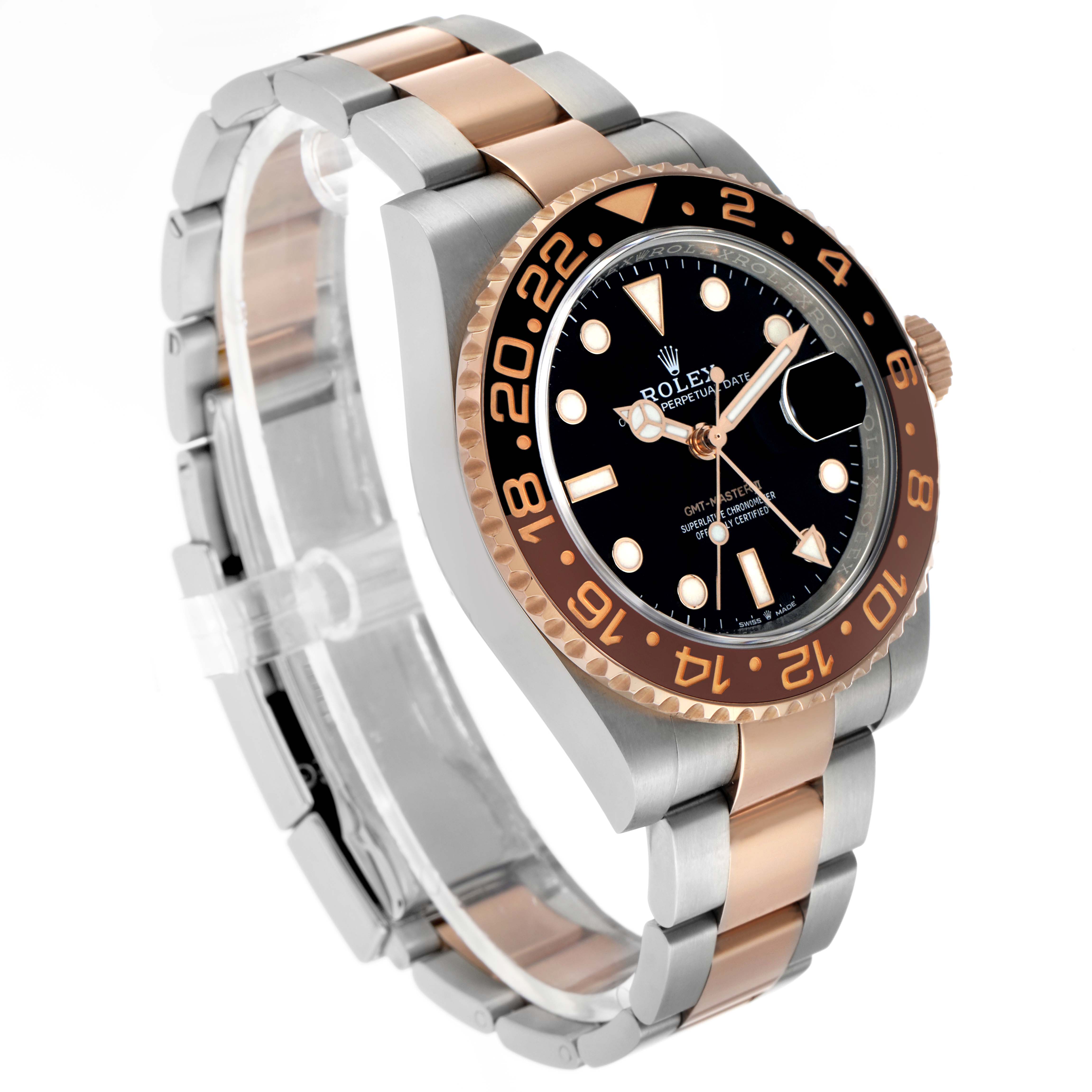 The Rolex GMT-Master 126711 Men's Steel and Gold (two tone) Black Dial watch is shown at a slight angle, showing the face, bezel, and bracelet.