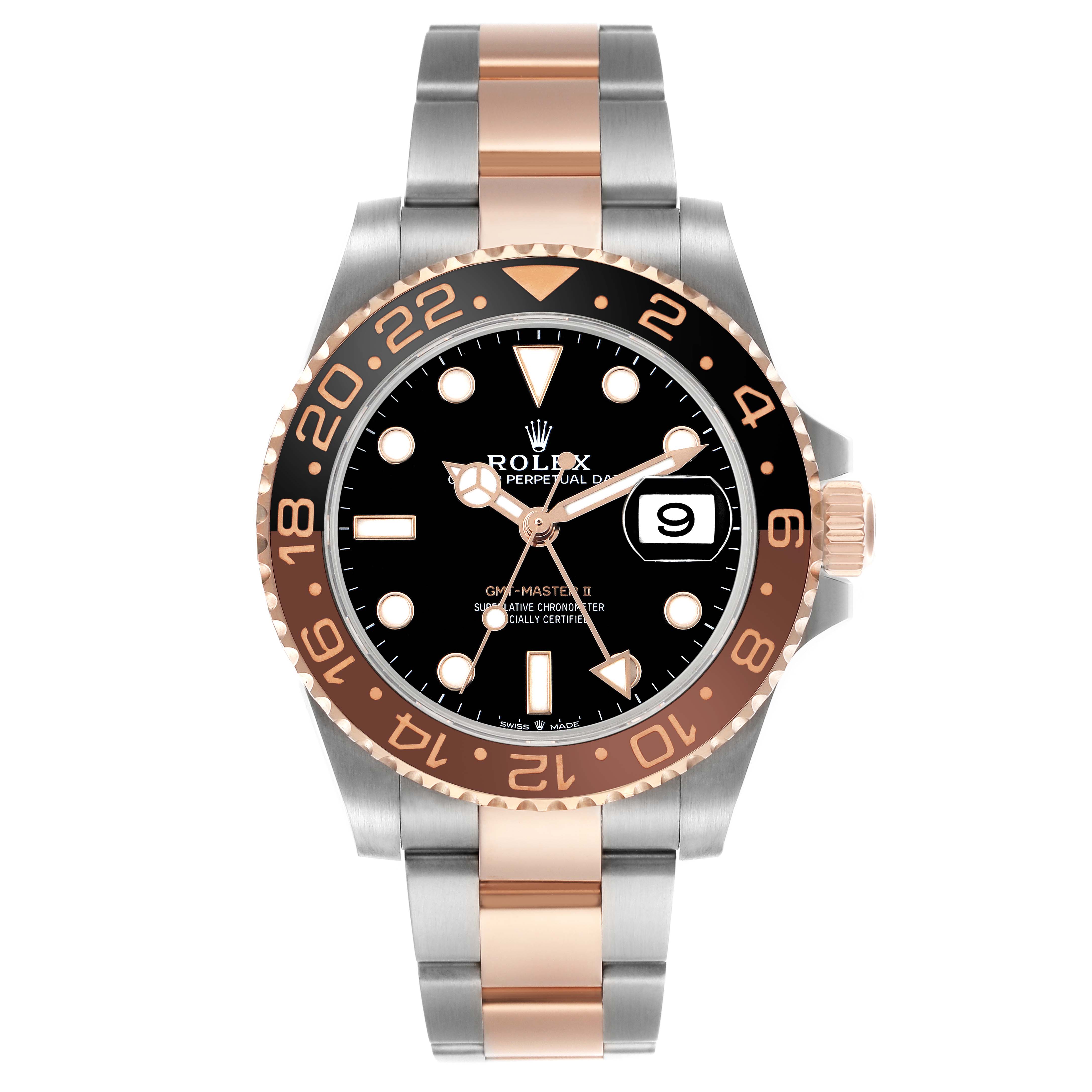 The Rolex GMT-Master 126711 Men's Steel and Gold (two tone) Black Dial watch is shown from a front angle, displaying the dial, bezel, and bracelet.