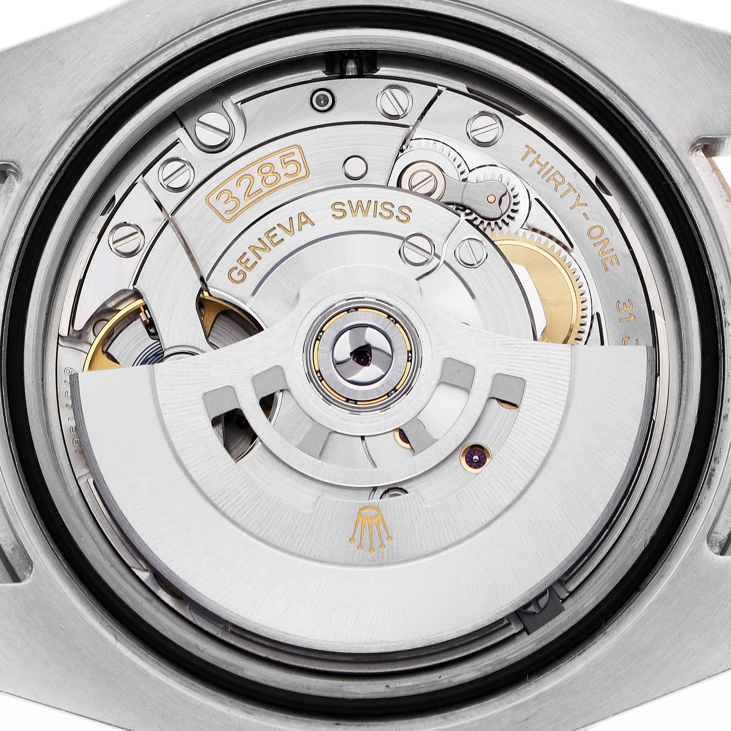 The image shows the movement of a Rolex GMT-Master 126711 Men's Steel and Gold (two tone) Black Dial, highlighting the rotor and engraved details from a back angle.