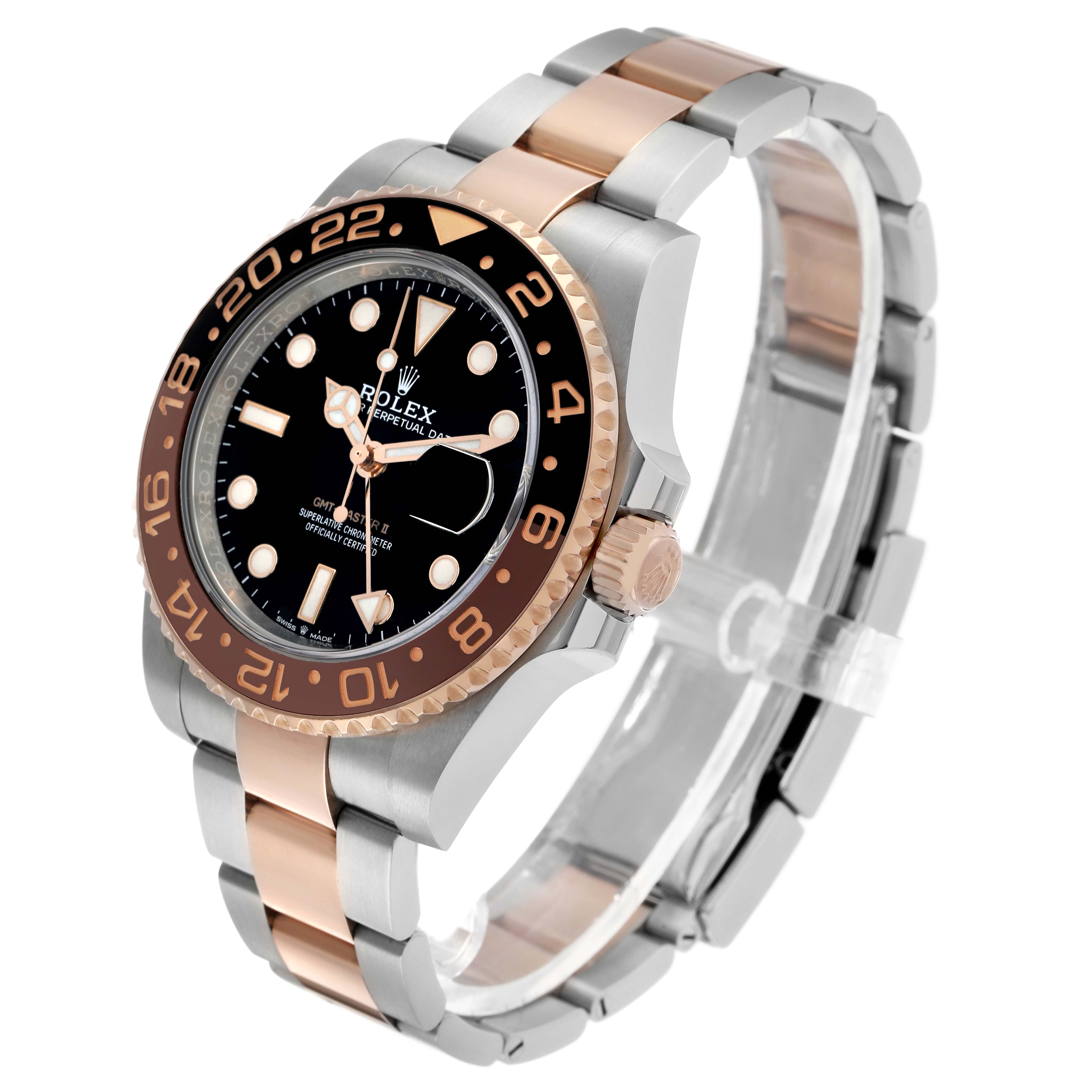 The Rolex GMT-Master 126711 Men's Steel and Gold (two tone) Black Dial watch is shown at a three-quarter angle, highlighting the bezel, dial, and bracelet.