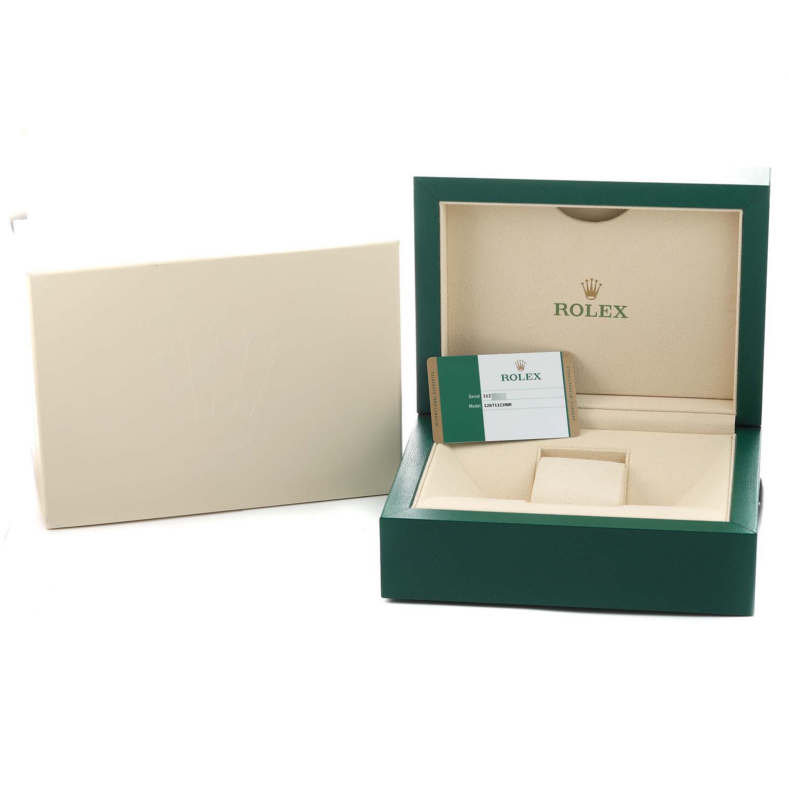 The image shows a Rolex GMT-Master 126711 Men's Steel and Gold (two tone) Black Dial watch box and warranty card, with the box open and the card inside.