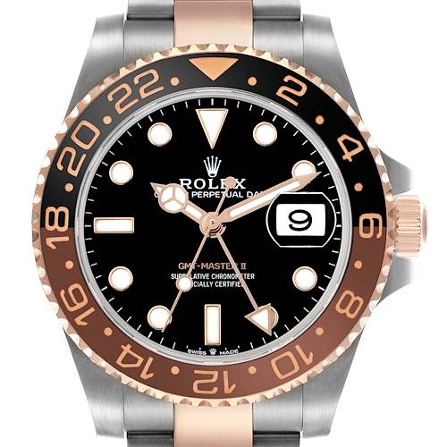 The Rolex GMT-Master 126711 Men's Steel and Gold (two tone) Black Dial II is shown from a frontal angle, highlighting its bezel, dial, hands, and date window.