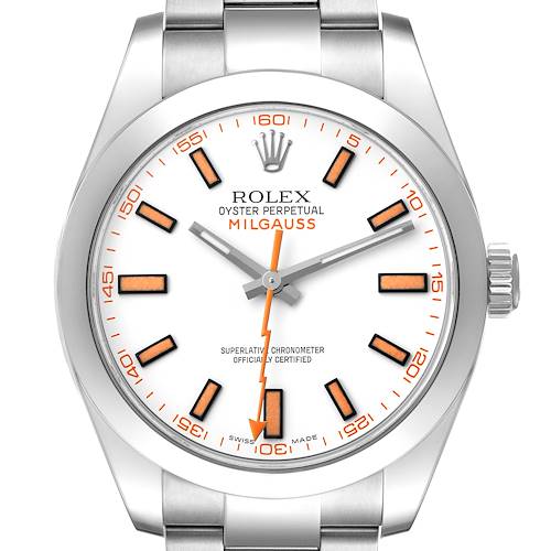 The Rolex Milgauss 116400 Men's Stainless Steel White Dial watch is shown from a top view, highlighting the face, bezel, bracelet, and crown.