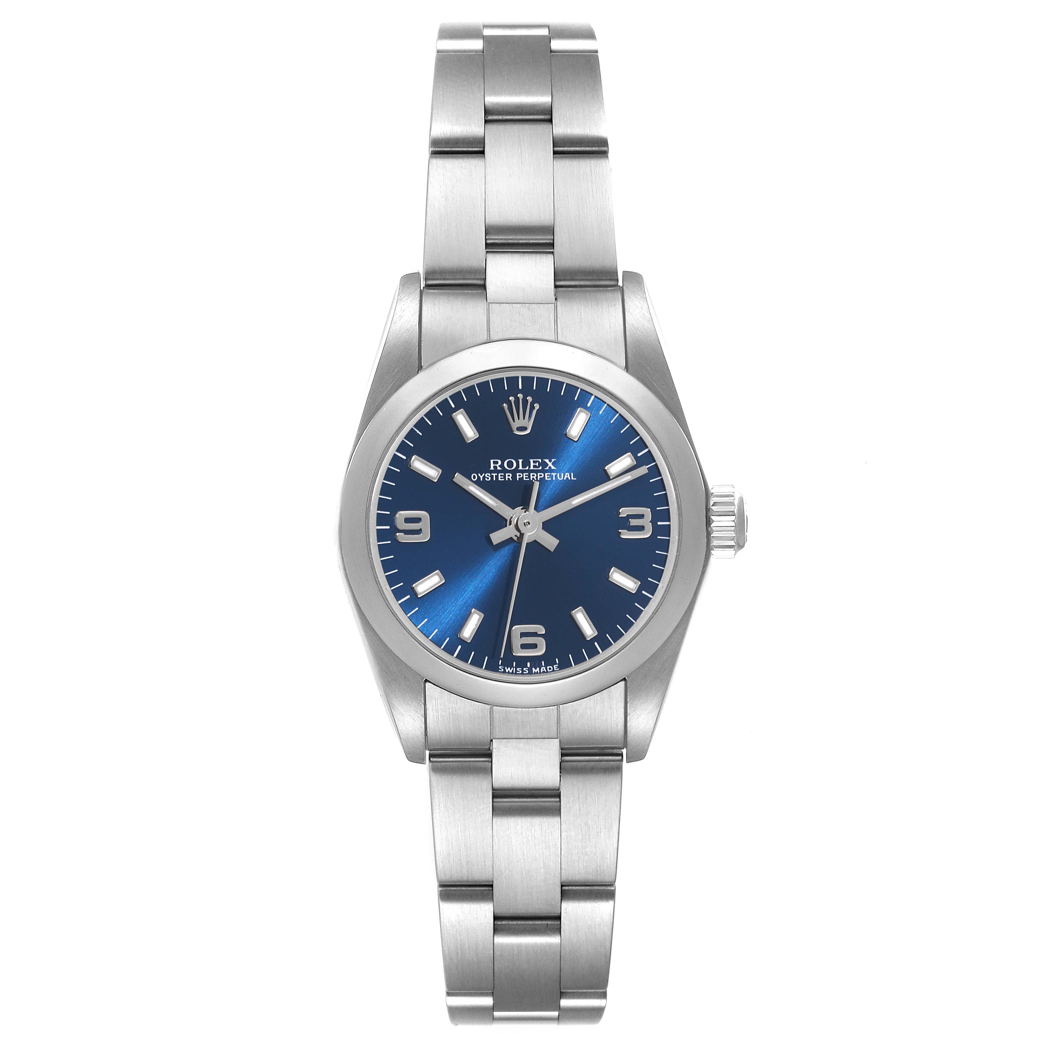 This image shows a front view of the Rolex Oyster Perpetual 76080 Women
s Stainless Steel Blue Dial 76080 Women
s Stainless Steel Blue Dial watch, including the face, bezel, and bracelet.