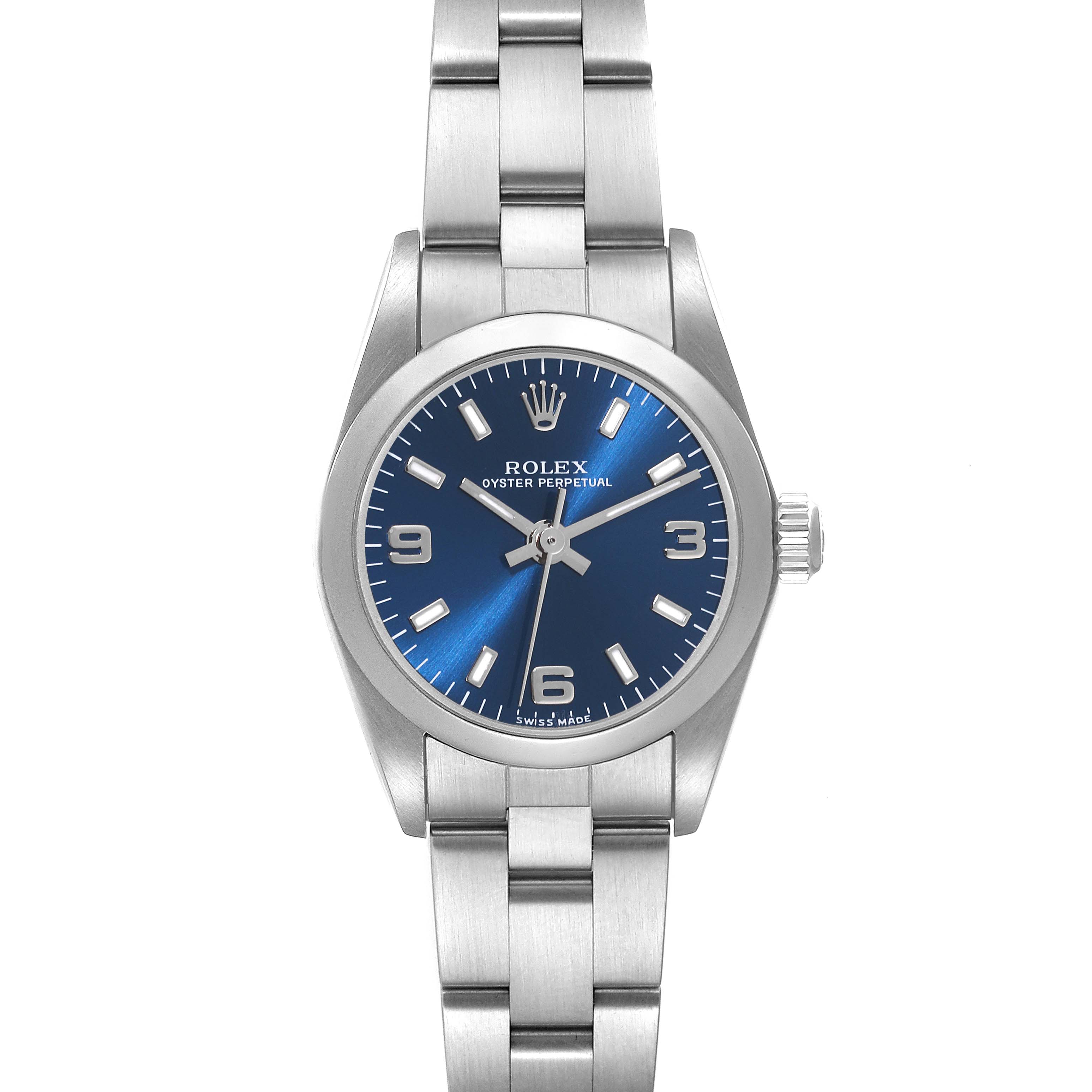 The image shows a frontal view of the Rolex Oyster Perpetual 76080 Women
s Stainless Steel Blue Dial 76080 Women
s Stainless Steel Blue Dial watch with a blue dial and stainless steel bracelet.