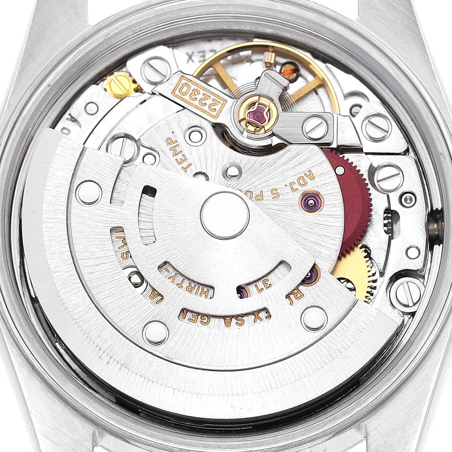 The image shows the intricate internal mechanism of a Rolex Oyster Perpetual 76080 Women
s Stainless Steel Blue Dial 76080 Women
s Stainless Steel Blue Dial watch from a rear angle.