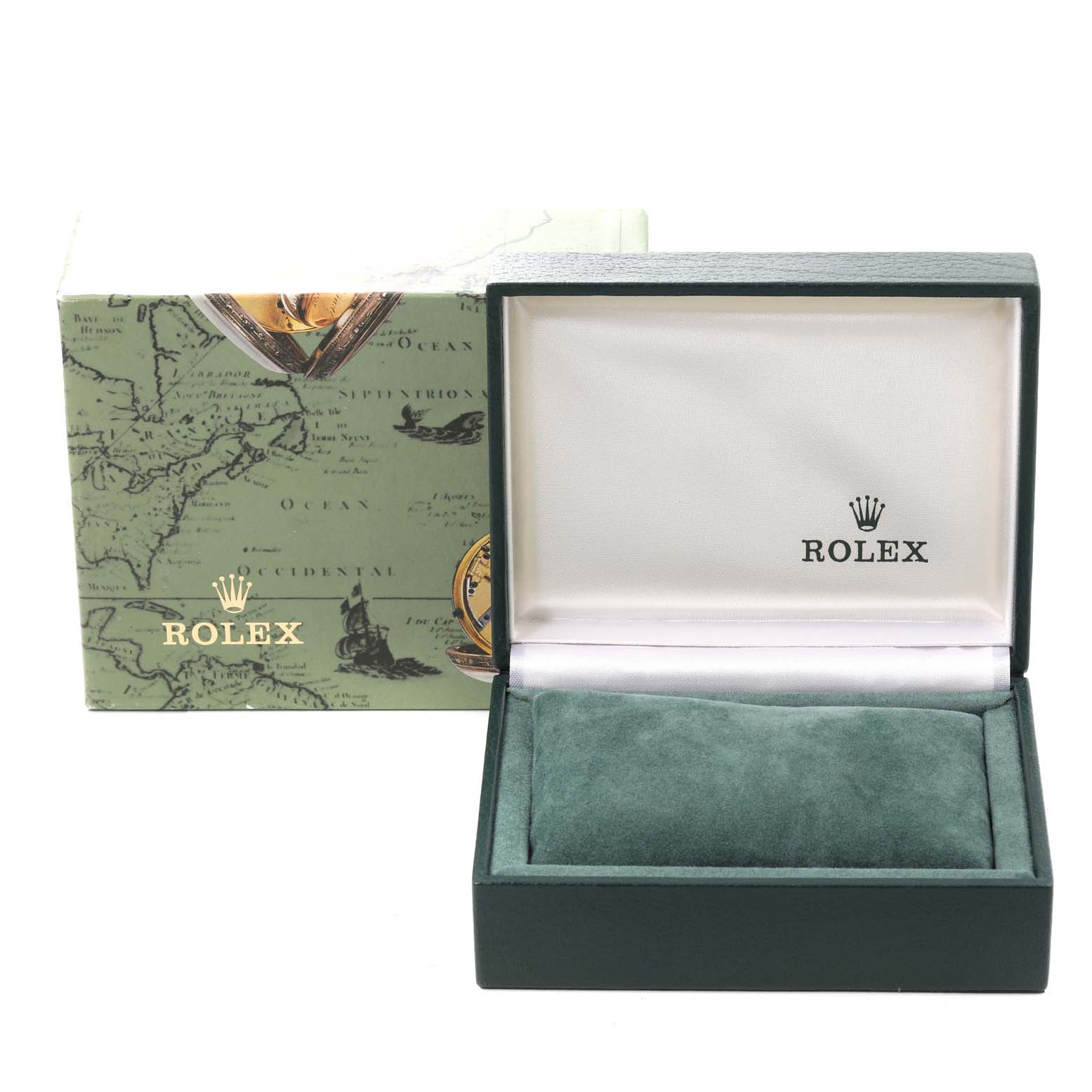 This image shows an empty Rolex Oyster Perpetual 76080 Women
s Stainless Steel Blue Dial 76080 Women
s Stainless Steel Blue Dial watch box with its lid open, alongside the outer packaging.