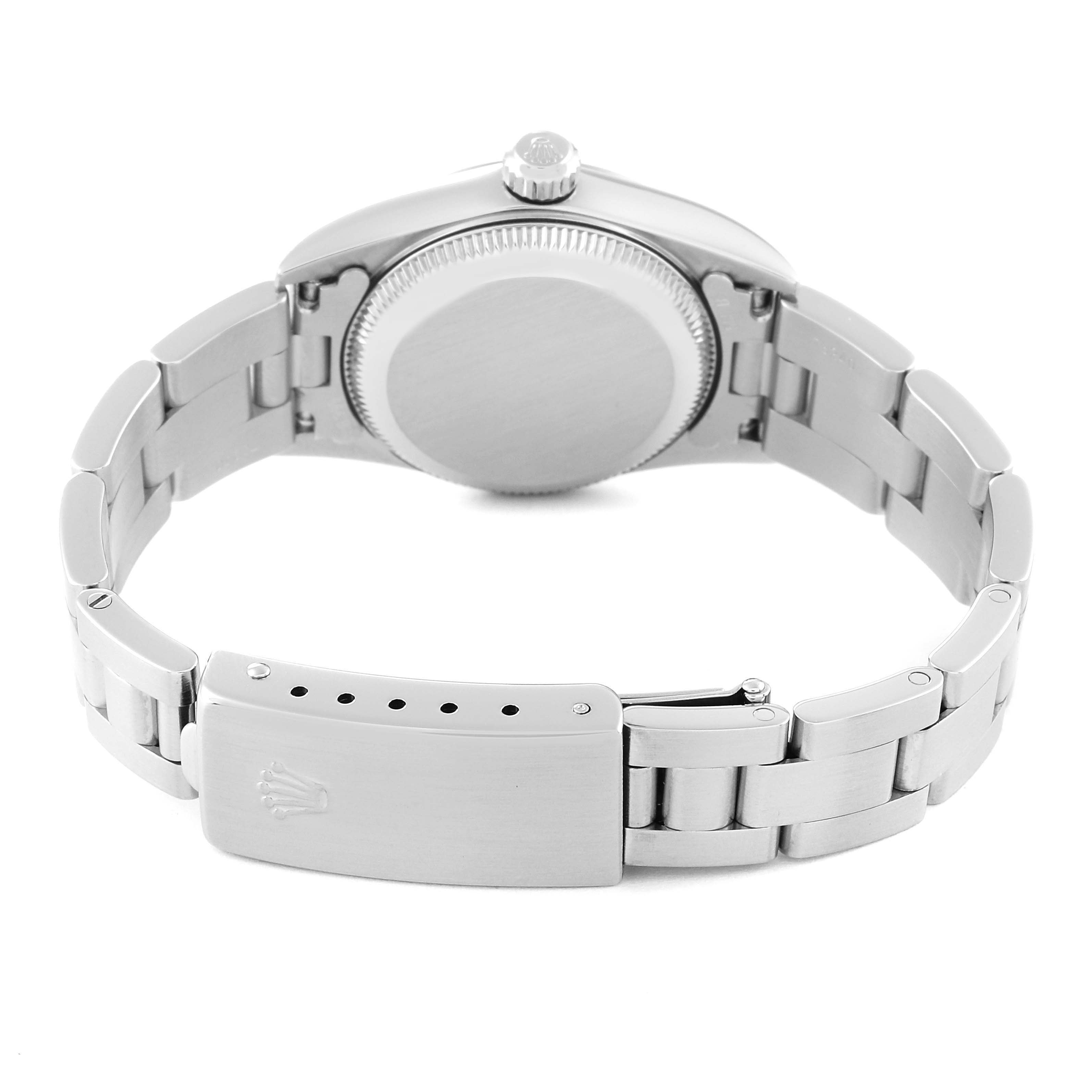 The image shows the back view and bracelet of a Rolex Oyster Perpetual 76080 Women
s Stainless Steel Blue Dial 76080 Women
s Stainless Steel Blue Dial watch, including the clasp and screw-down case back.