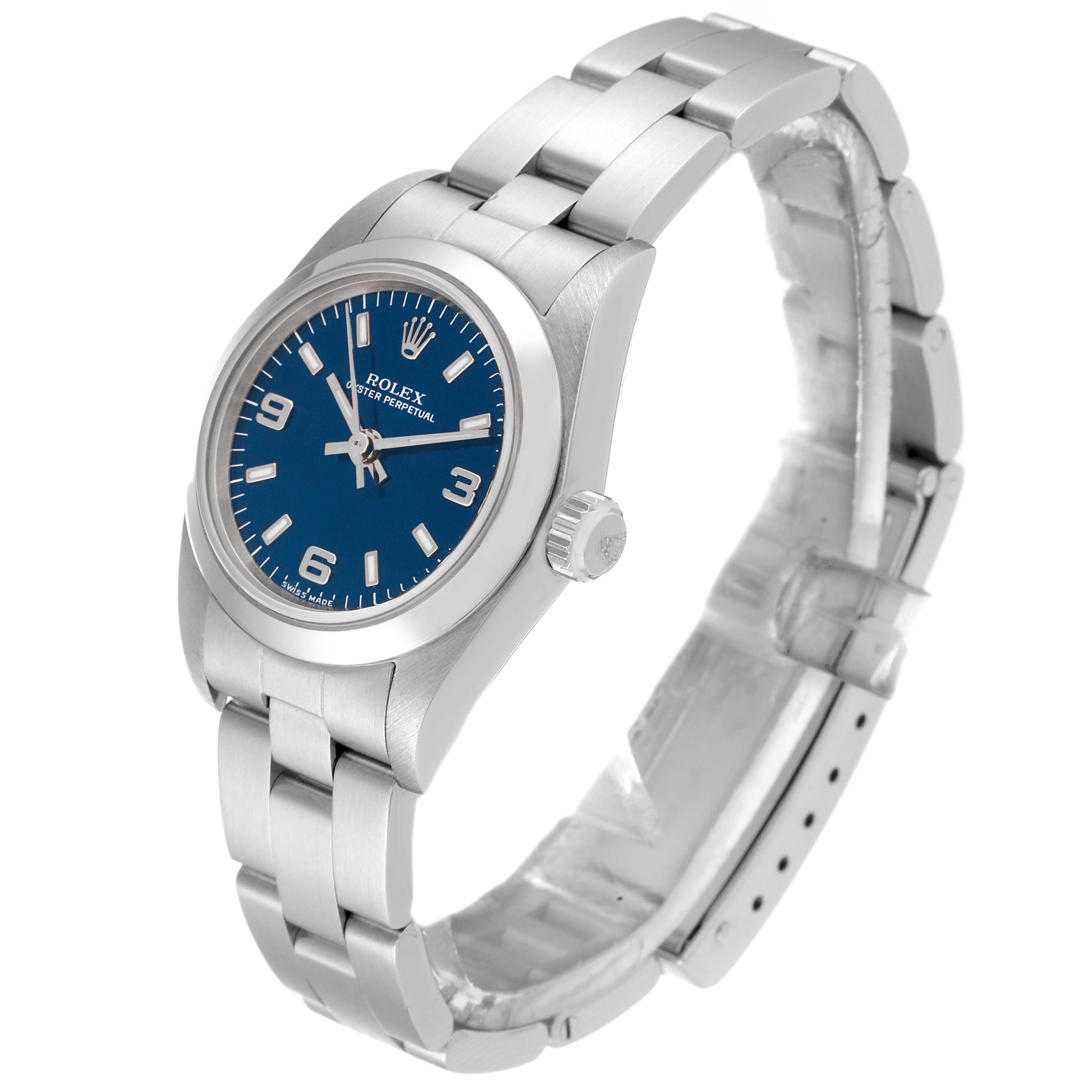 This image shows a full side view of a Rolex Oyster Perpetual 76080 Women
s Stainless Steel Blue Dial 76080 Women
s Stainless Steel Blue Dial watch, highlighting its blue dial, crown, and metal bracelet.
