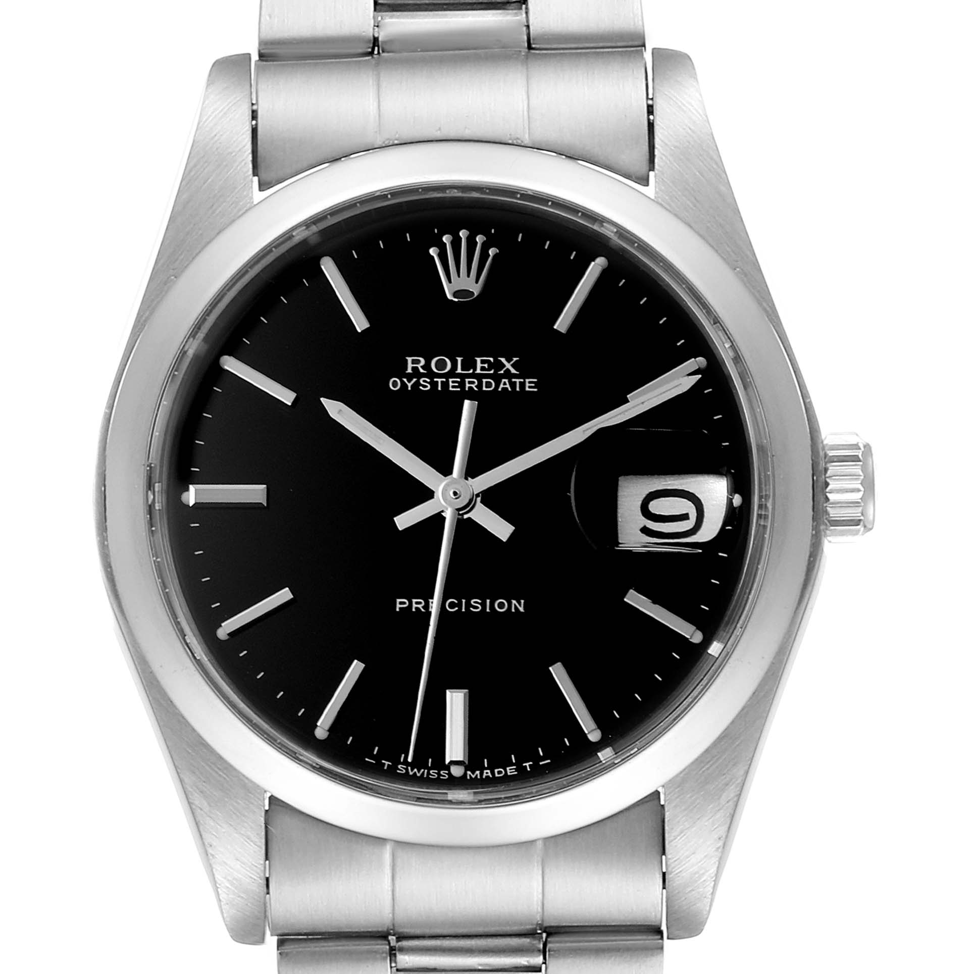 This image shows a front view of a Rolex Vintage Collection 6694 Men
s Stainless Steel Black Dial 6694 Men
s Stainless Steel Black Dial watch, featuring the dial, hour markers, hands, date display, and crown.