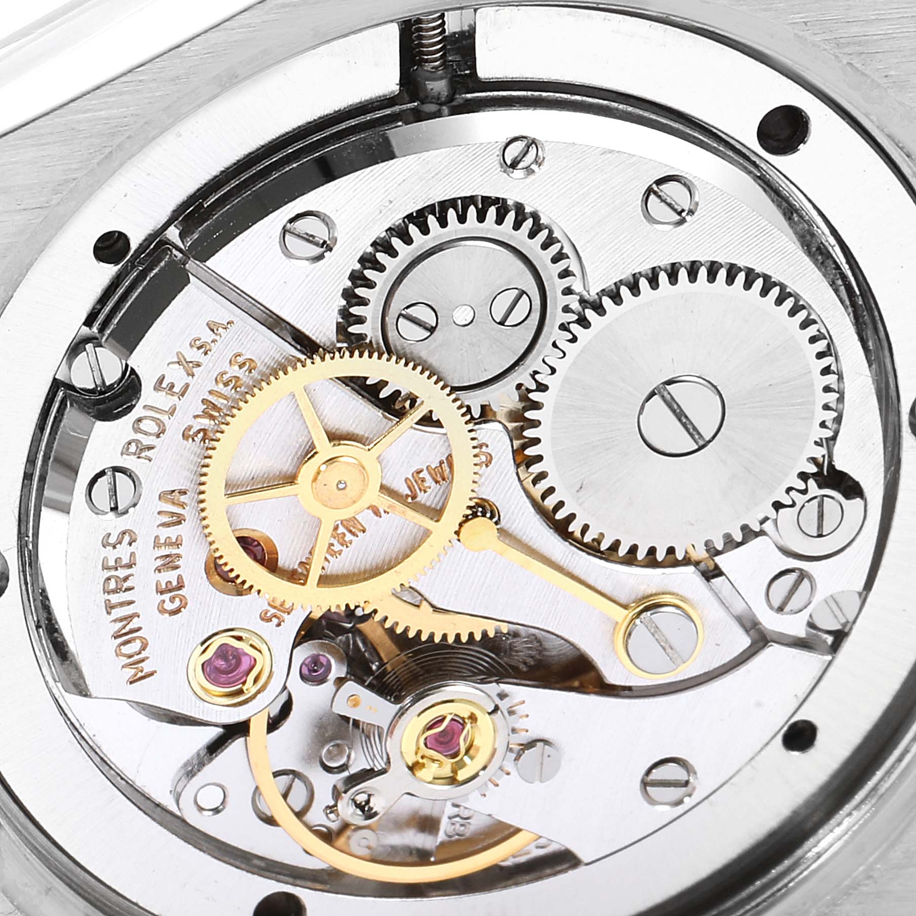 This image shows a close-up view of the internal mechanism of the Rolex Vintage Collection 6694 Men
s Stainless Steel Black Dial 6694 Men
s Stainless Steel Black Dial watch.