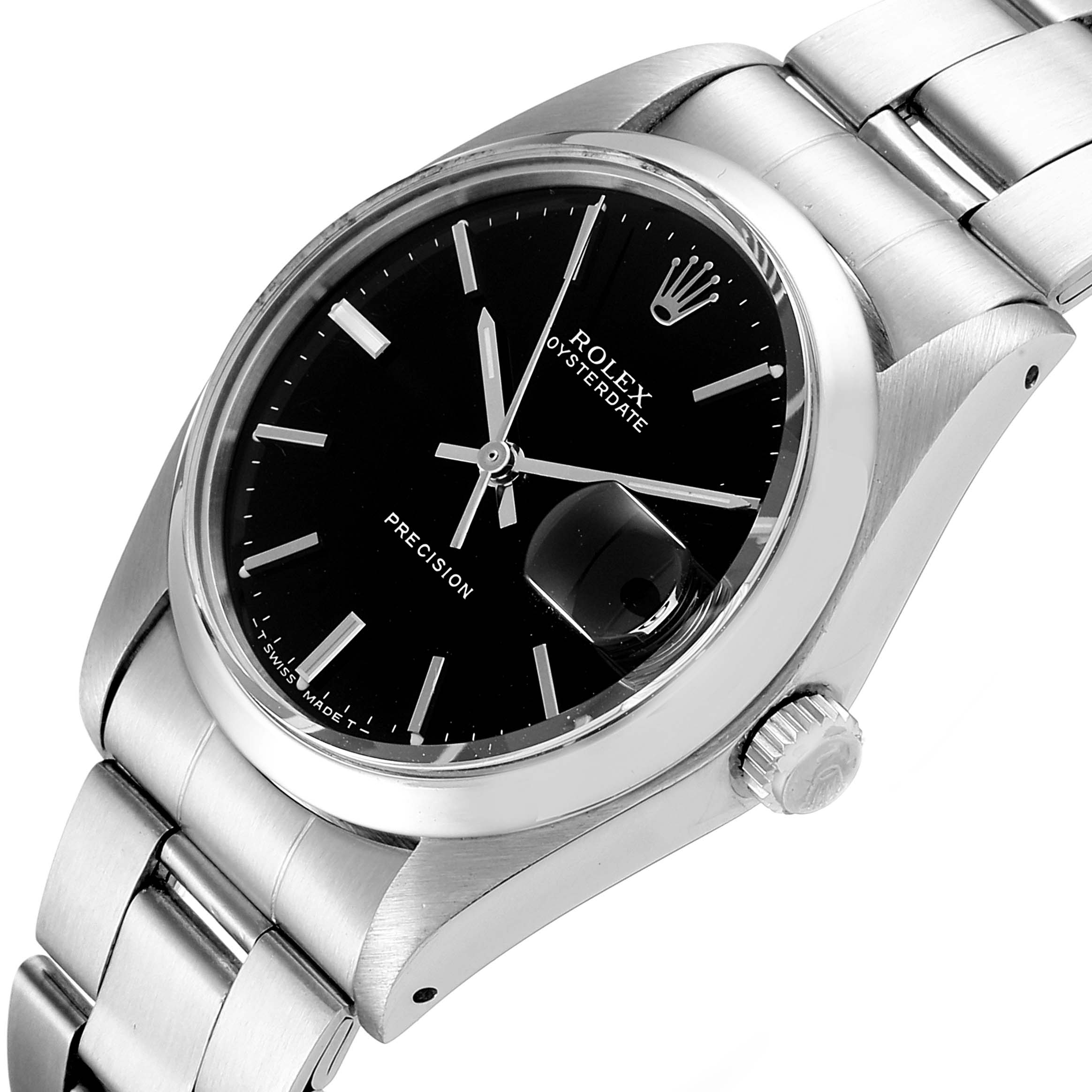 The Rolex Vintage Collection 6694 Men
s Stainless Steel Black Dial 6694 Men
s Stainless Steel Black Dial model is shown from an angled side view, highlighting the black dial, bracelet, crown, and date magnifier.