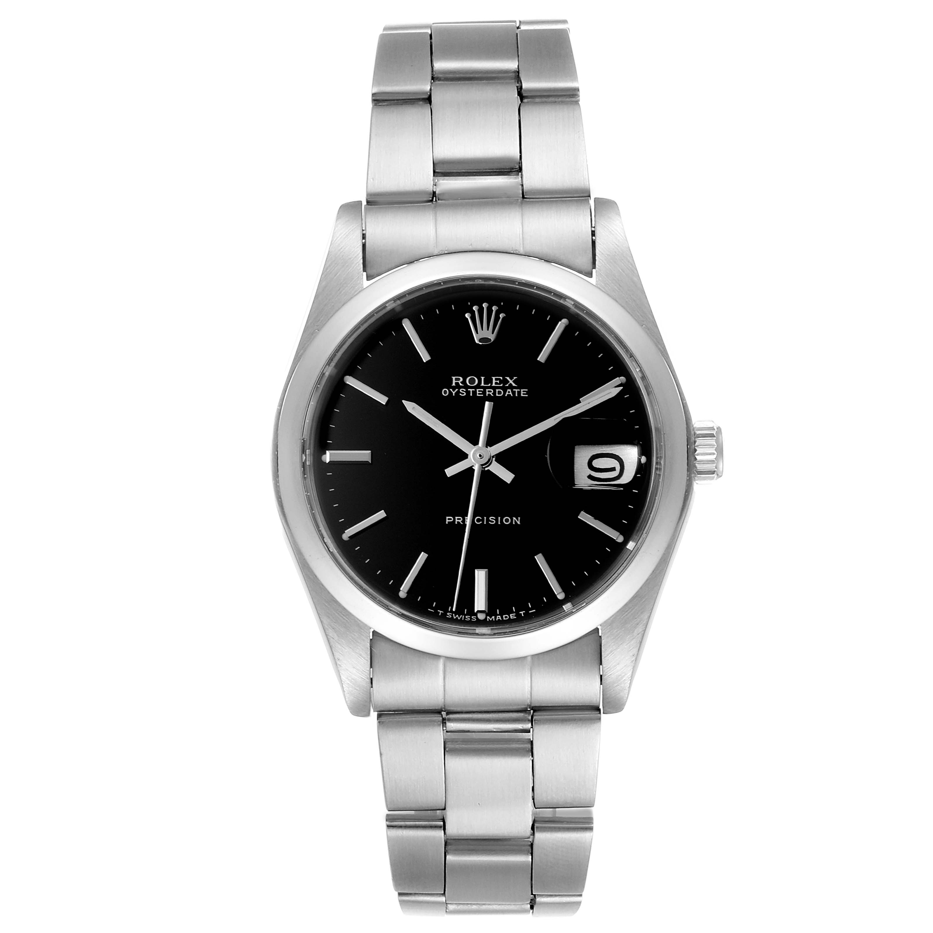 The image shows a front view of the Rolex Vintage Collection 6694 Men
s Stainless Steel Black Dial 6694 Men
s Stainless Steel Black Dial watch model, featuring its face, bezel, bracelet, and crown.